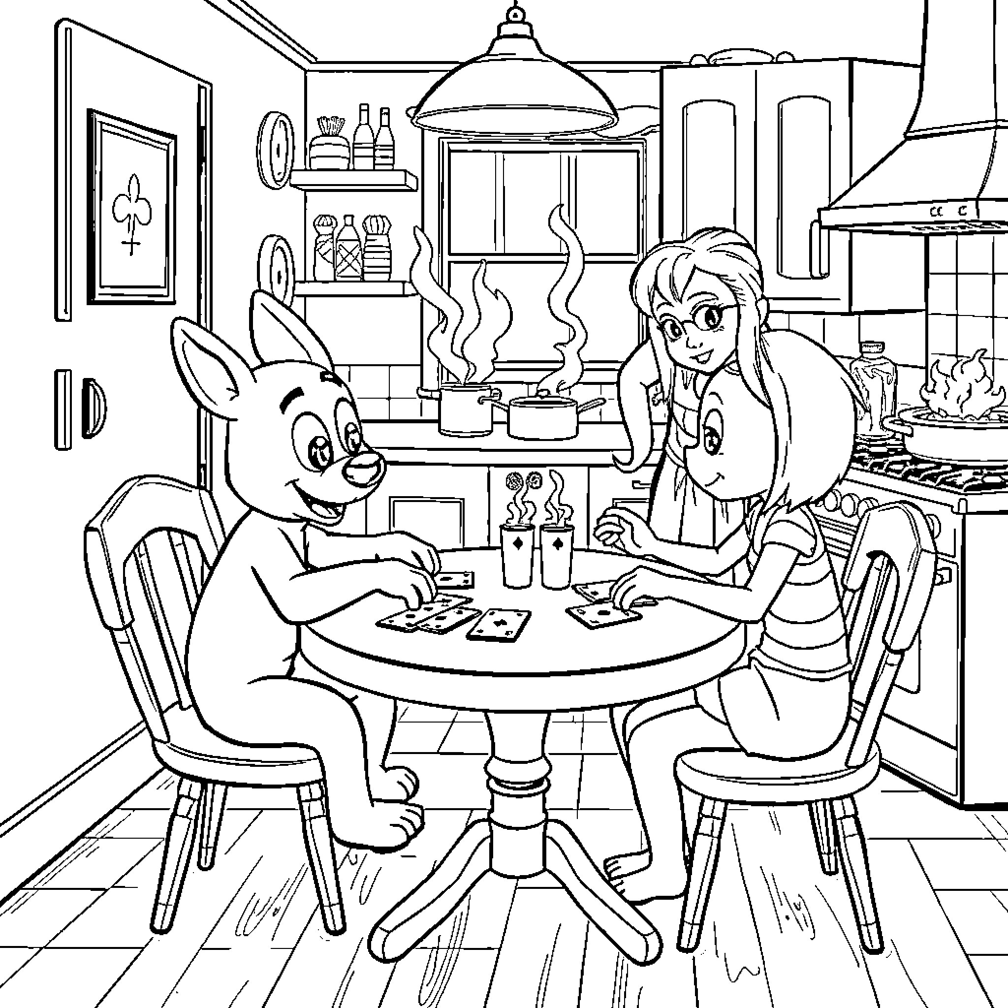 Bluey and her friend playing cards in the kitchen Coloring Page (free black-and-white line drawing printable PDF for all, from beginners to advanced learners, including children, teens, adults, and seniors)