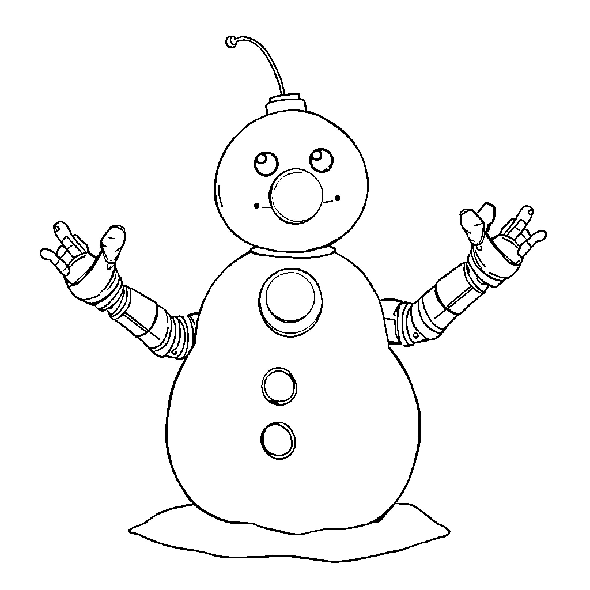Robot snowman in welcoming pose Coloring Page (free black-and-white line drawing printable PDF for all, from beginners to advanced learners, including children, teens, adults, and seniors)