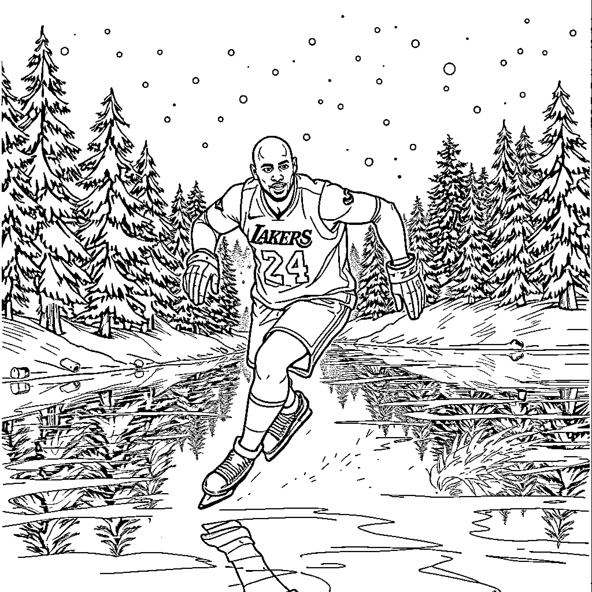 Kobe Bryant skating through snowy forest Coloring Page (free black-and-white line drawing printable PDF for all, from beginners to advanced learners, including children, teens, adults, and seniors)