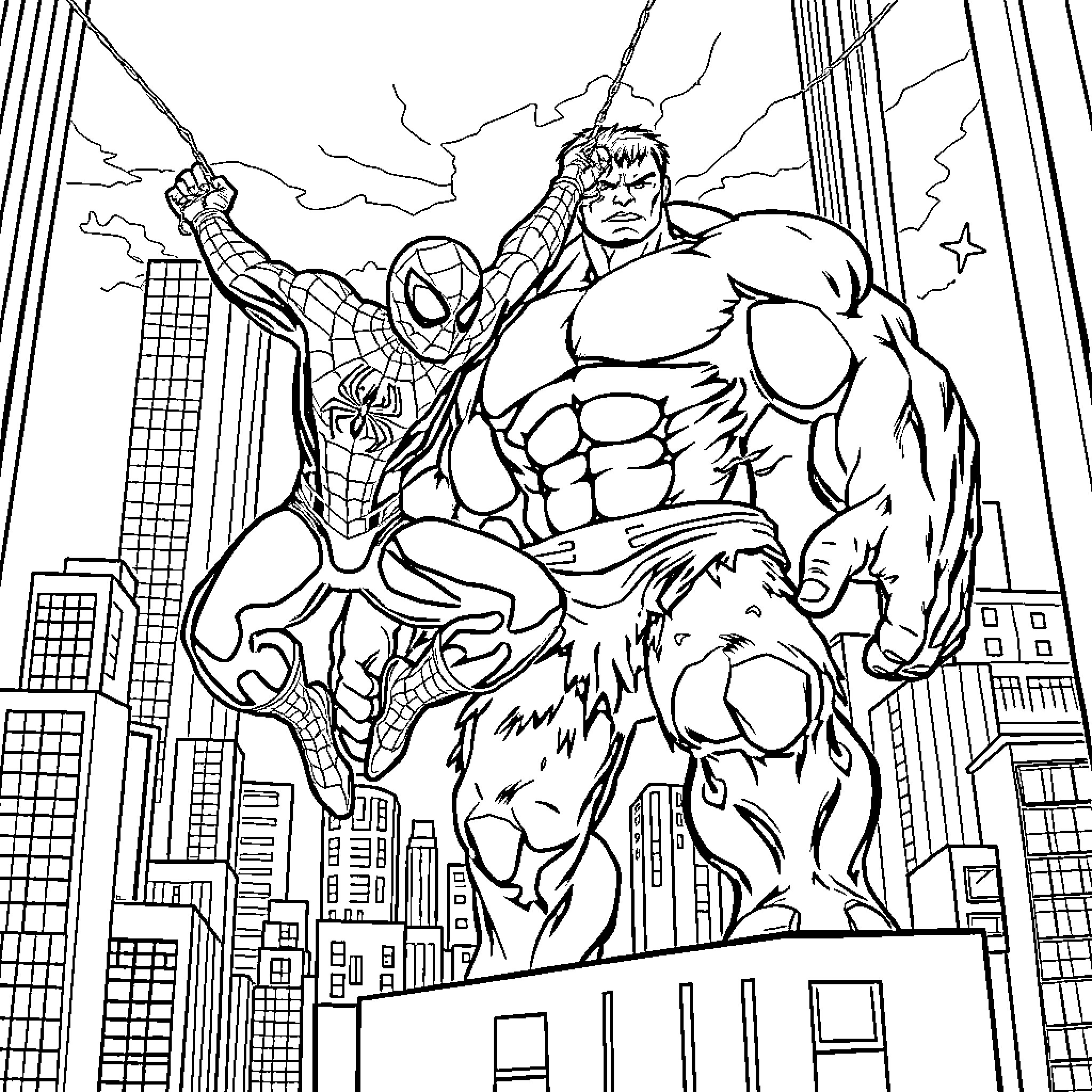 Spider-Man battles the Hulk in the city Coloring Page (free black-and-white line drawing printable PDF for all, from beginners to advanced learners, including children, teens, adults, and seniors)