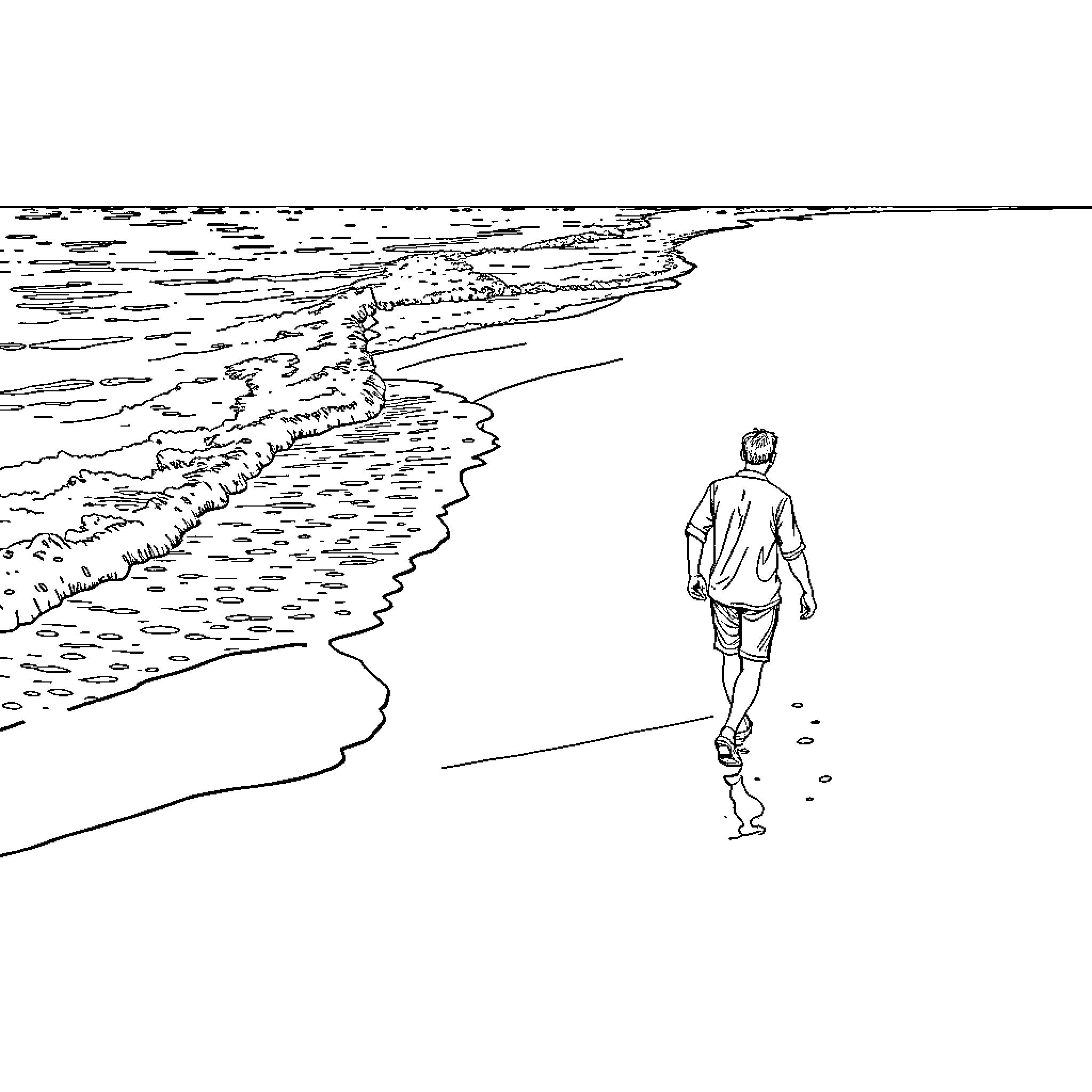 Man walking along the beach Coloring Page (free black-and-white line drawing printable PDF for all, from beginners to advanced learners, including children, teens, adults, and seniors)