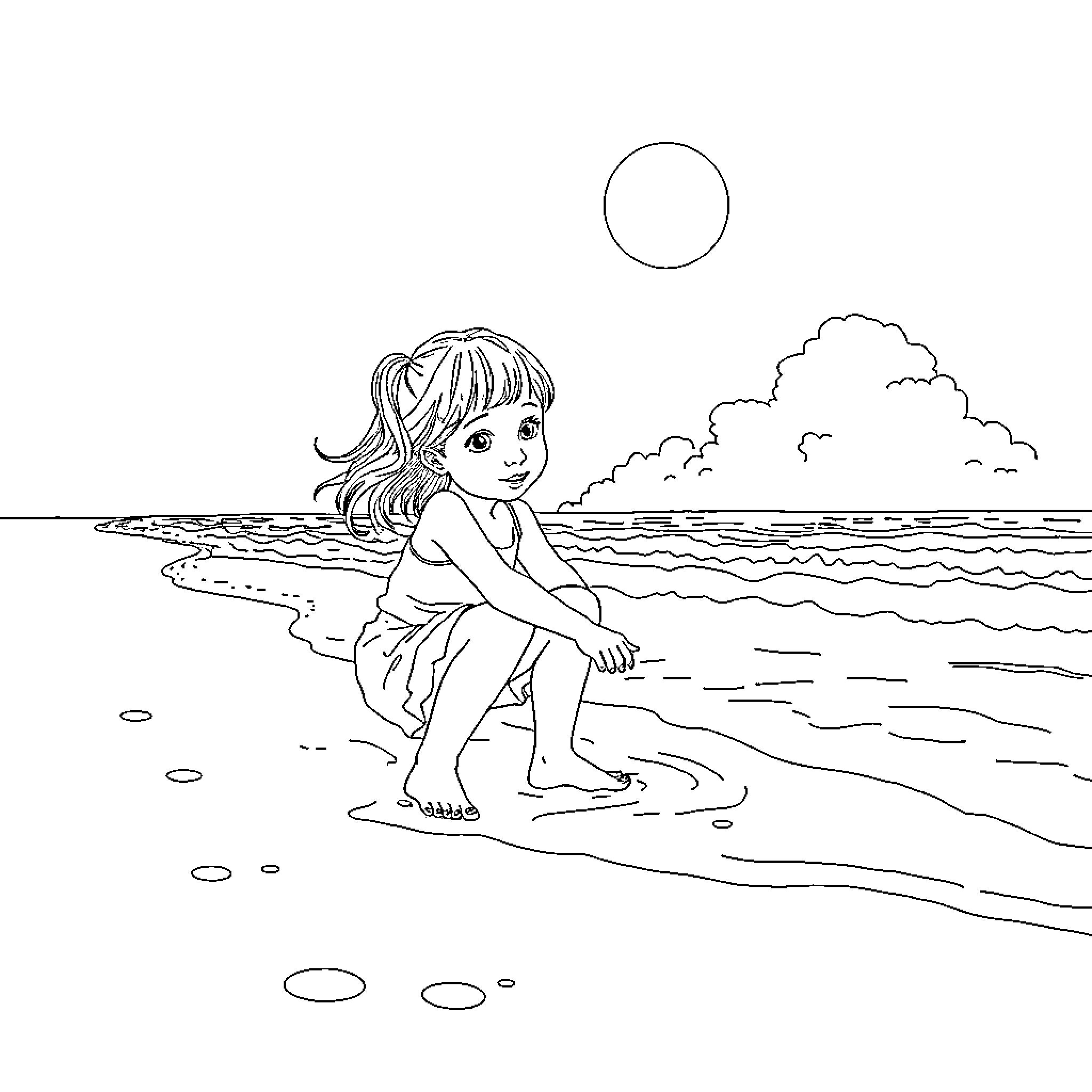 Girl sitting on beach enjoying the day Coloring Page (free black-and-white line drawing printable PDF for all, from beginners to advanced learners, including children, teens, adults, and seniors)