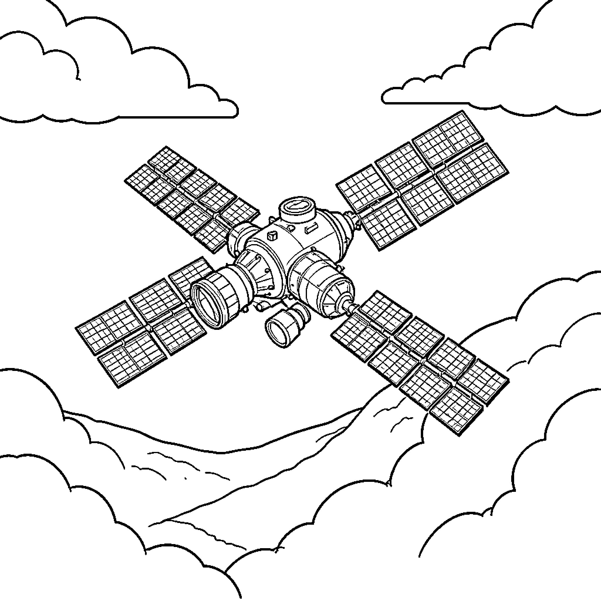 Space Station in the Cloudy Sky Coloring Page (free black-and-white line drawing printable PDF for all, from beginners to advanced learners, including children, teens, adults, and seniors)