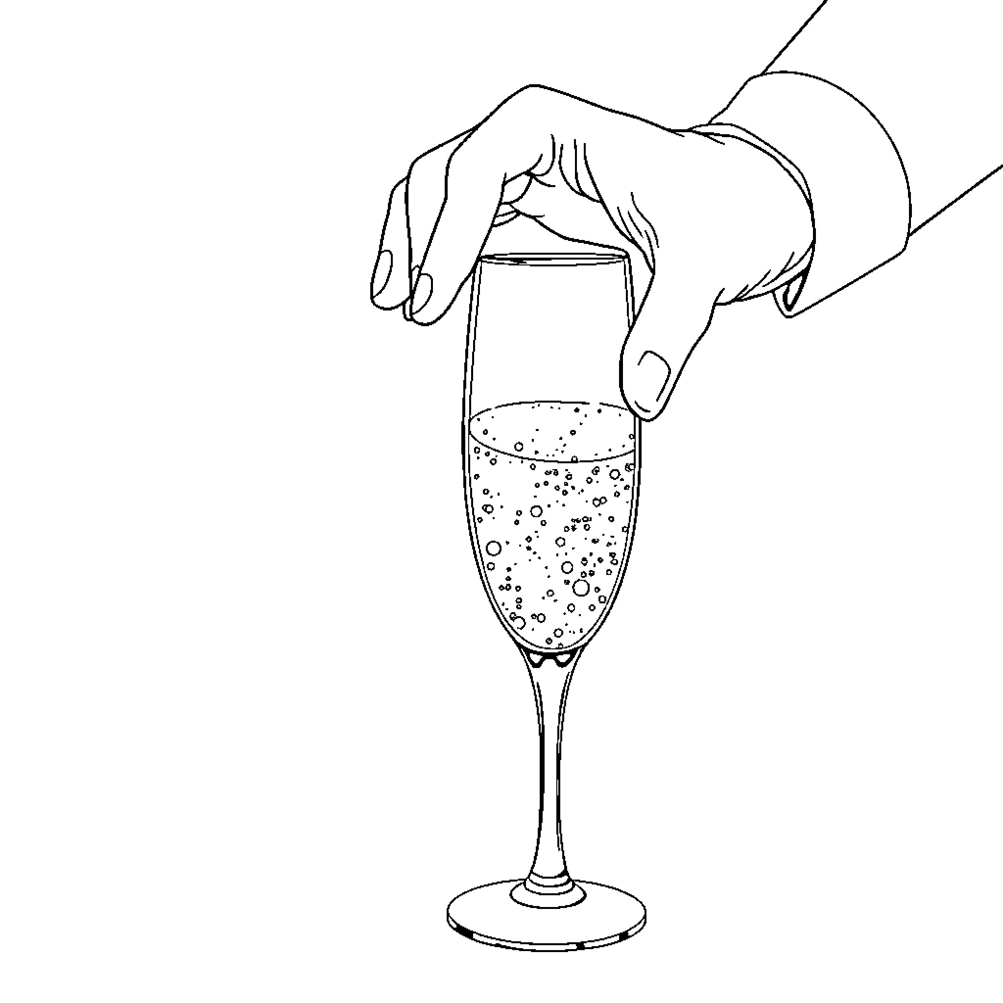 Hand Holding a Sparkling Champagne Glass Coloring Page (free black-and-white line drawing printable PDF for all, from beginners to advanced learners, including children, teens, adults, and seniors)