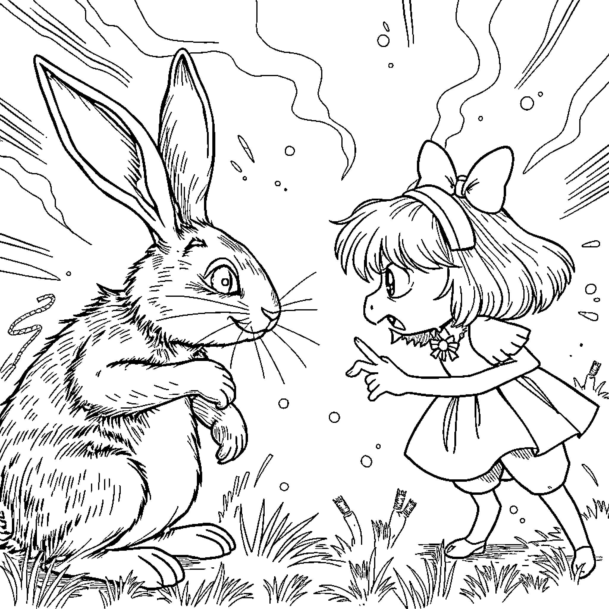 Rabbit surprised by a curious girl Coloring Page (free black-and-white line drawing printable PDF for all, from beginners to advanced learners, including children, teens, adults, and seniors)
