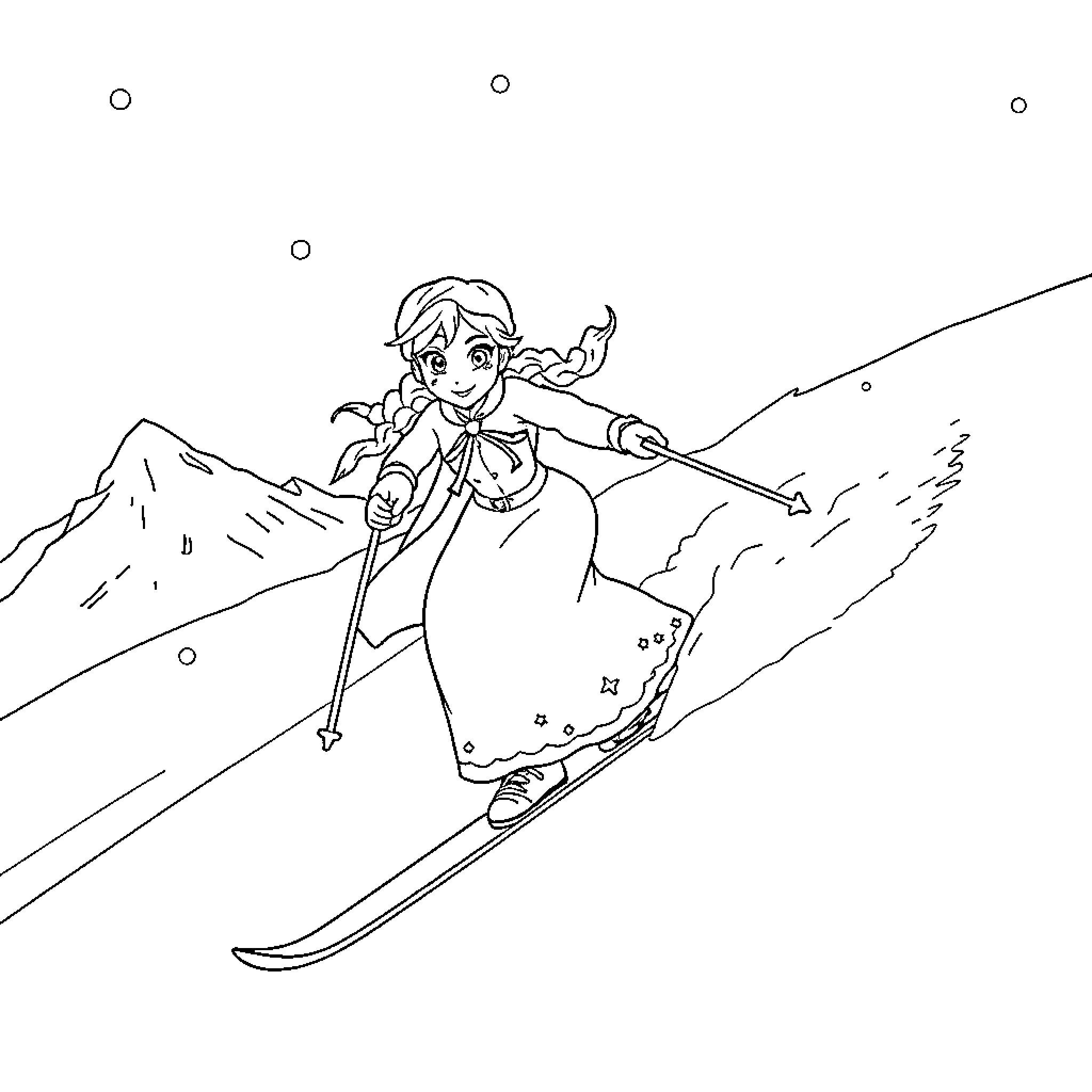 Anna skiing down the snowy slopes Coloring Page (free black-and-white line drawing printable PDF for all, from beginners to advanced learners, including children, teens, adults, and seniors)