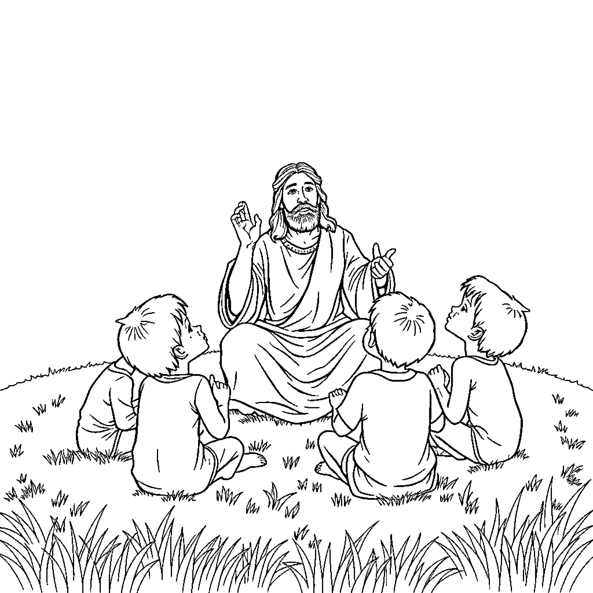 Jesus teaching children in a serene setting Coloring Page (free black-and-white line drawing printable PDF for all, from beginners to advanced learners, including children, teens, adults, and seniors)