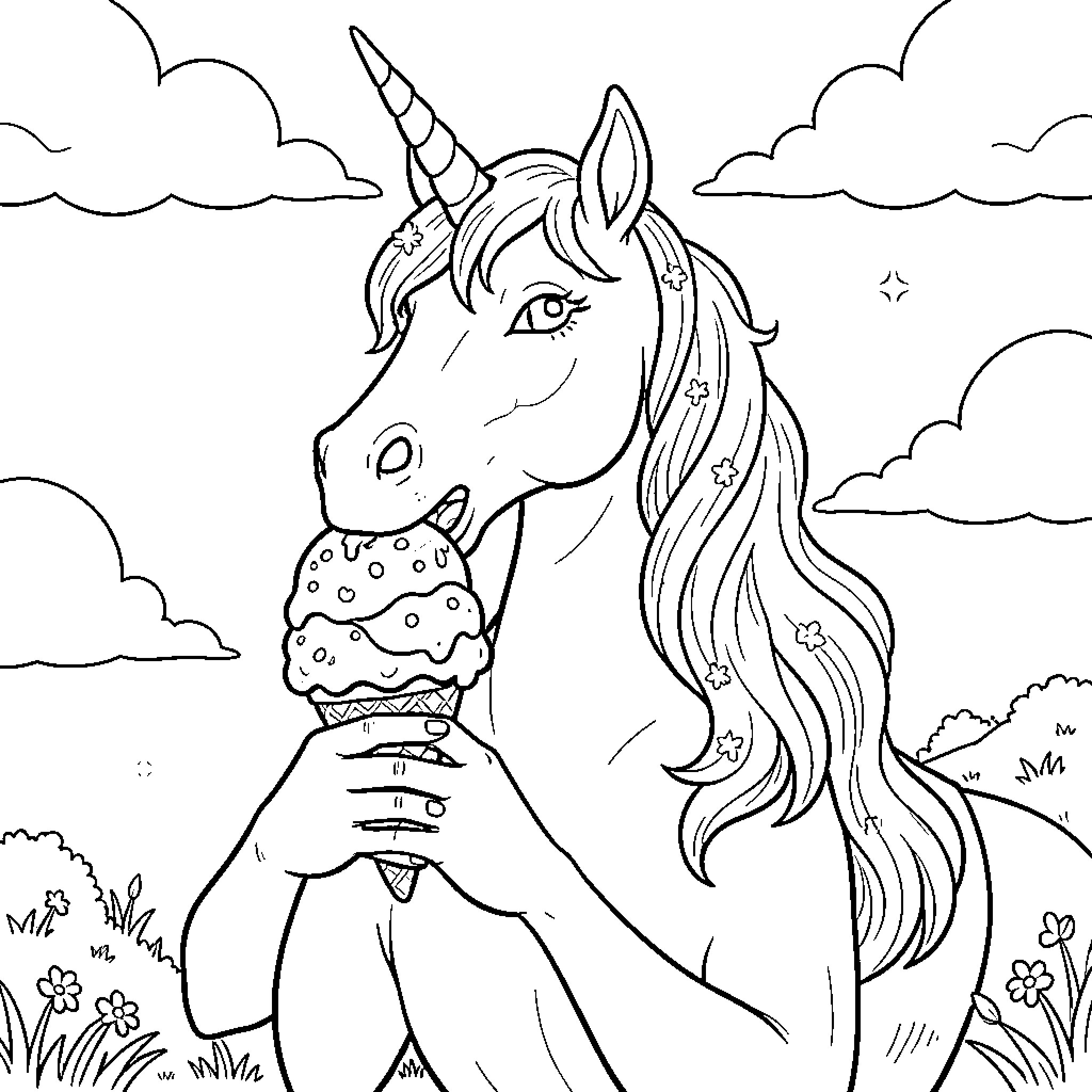 Unicorn enjoying a celestial ice cream treat Coloring Page (free black-and-white line drawing printable PDF for all, from beginners to advanced learners, including children, teens, adults, and seniors)