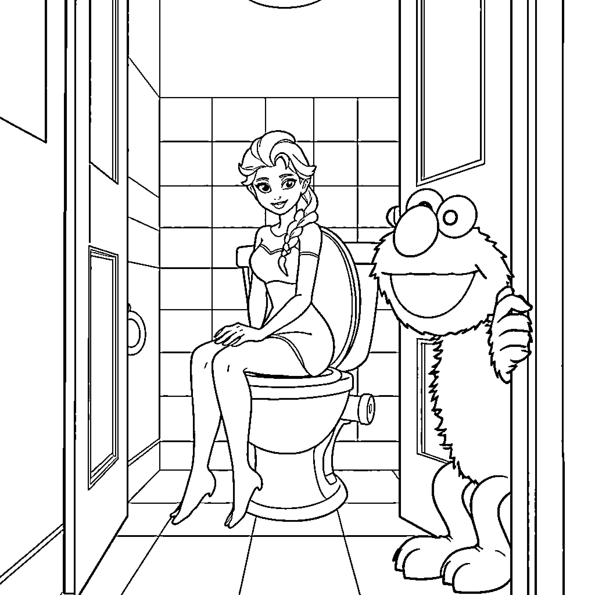 Elsa's Unexpected Bathroom Adventure Coloring Page (free black-and-white line drawing printable PDF for all, from beginners to advanced learners, including children, teens, adults, and seniors)