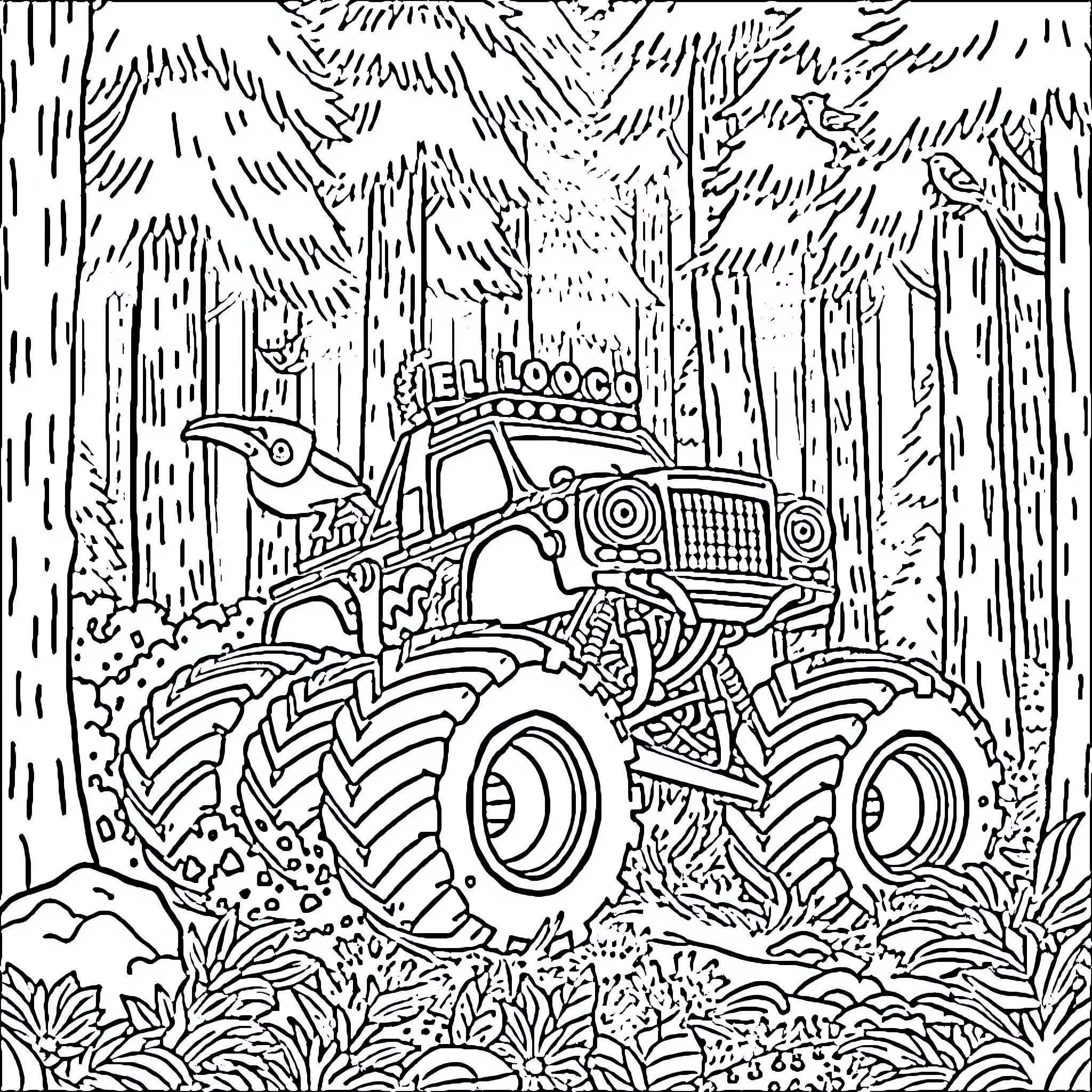 Toro Monster Truck Crushing Through the Forest Coloring Page (free black-and-white line drawing printable PDF for all, from beginners to advanced learners, including children, teens, adults, and seniors)