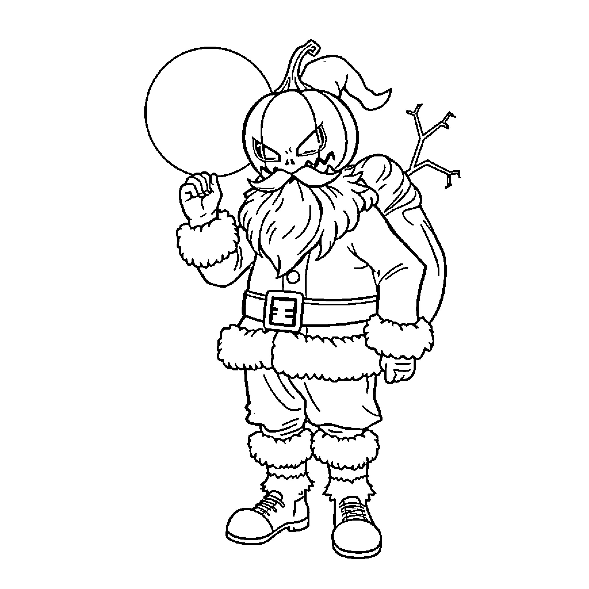 Santa with a Spooky Pumpkin Head Coloring Page (free black-and-white line drawing printable PDF for all, from beginners to advanced learners, including children, teens, adults, and seniors)