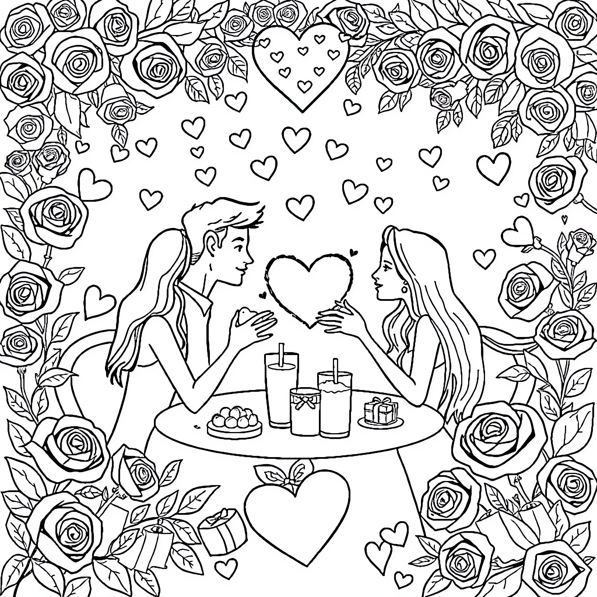 Valentine's Day Dining and Affection Coloring Page (free black-and-white line drawing printable PDF for all, from beginners to advanced learners, including children, teens, adults, and seniors)