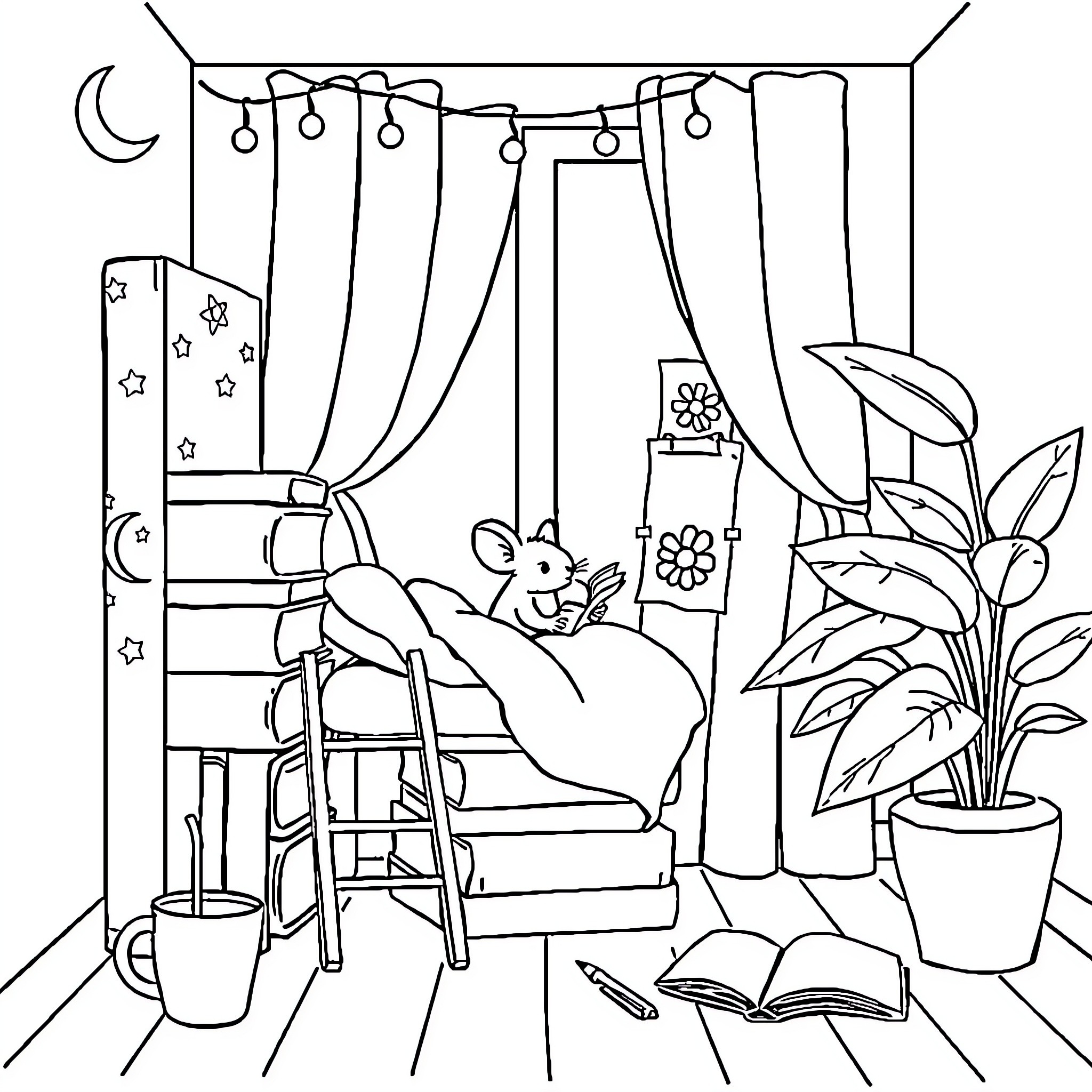 Mouse relaxing in cozy bedroom setting Coloring Page (free black-and-white line drawing printable PDF for all, from beginners to advanced learners, including children, teens, adults, and seniors)