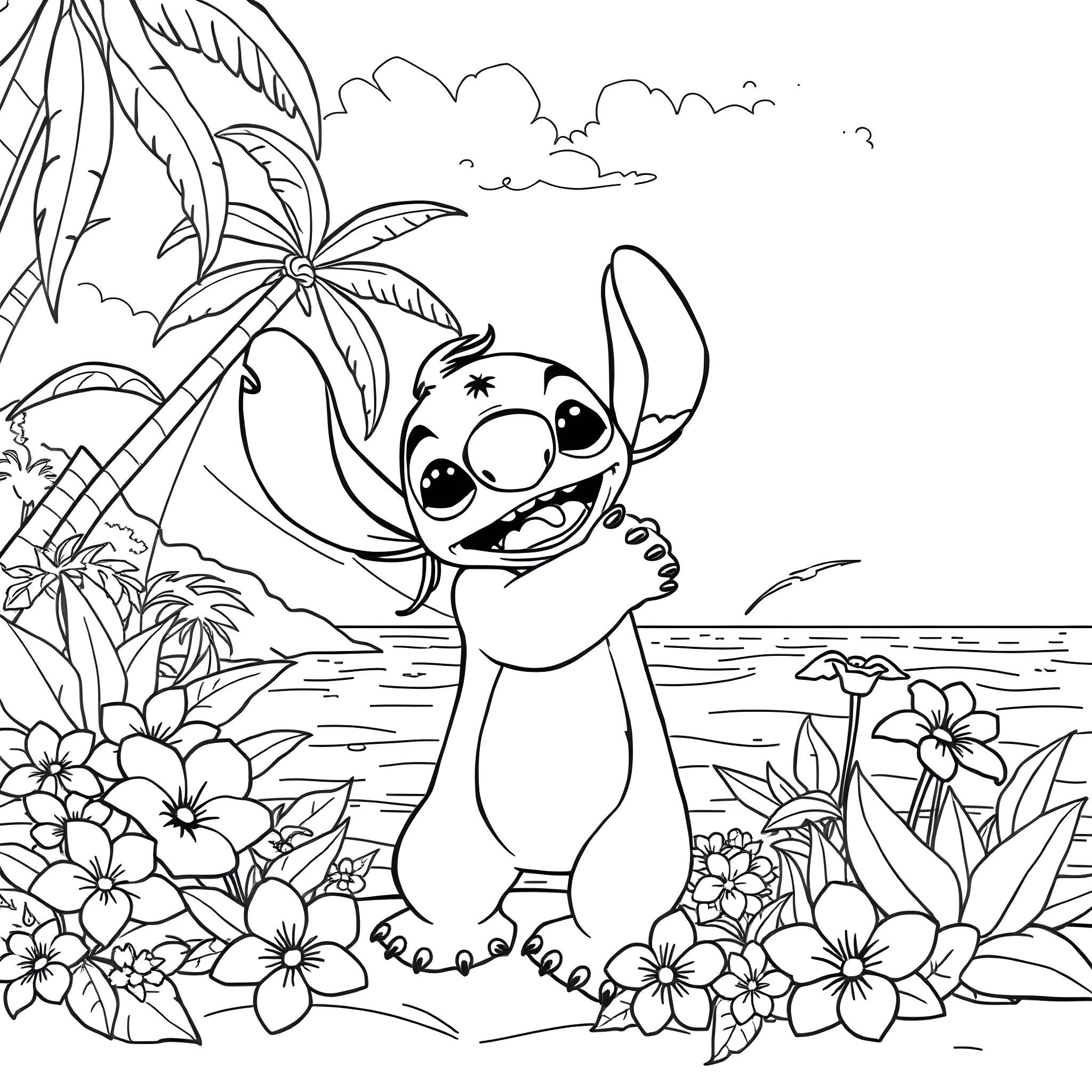 Lilo And Stitch playing happily in a tropical paradise Coloring Page (free black-and-white line drawing printable PDF for all, from beginners to advanced learners, including children, teens, adults, and seniors)