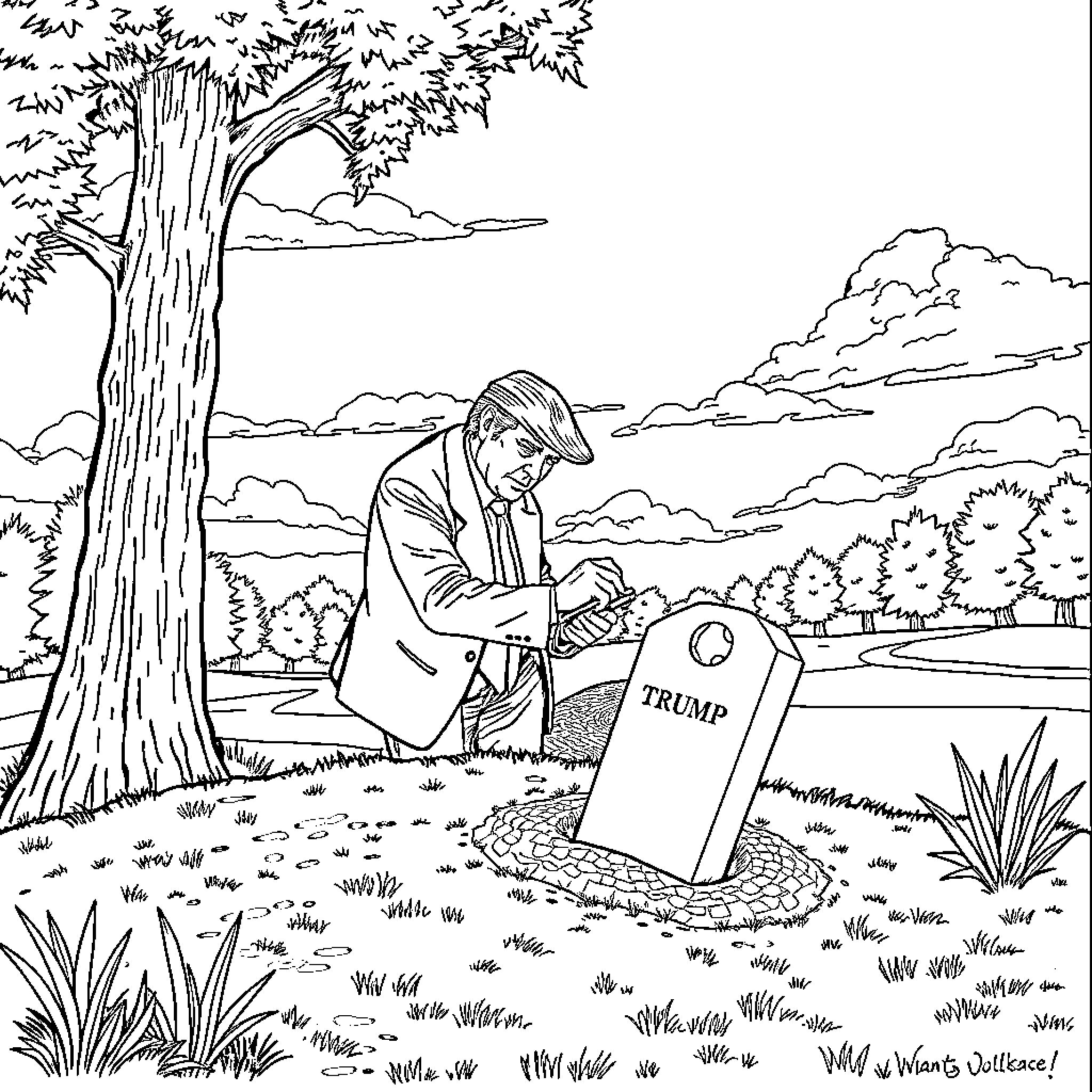 Trump placing a headstone in a peaceful landscape Coloring Page (free black-and-white line drawing printable PDF for all, from beginners to advanced learners, including children, teens, adults, and seniors)