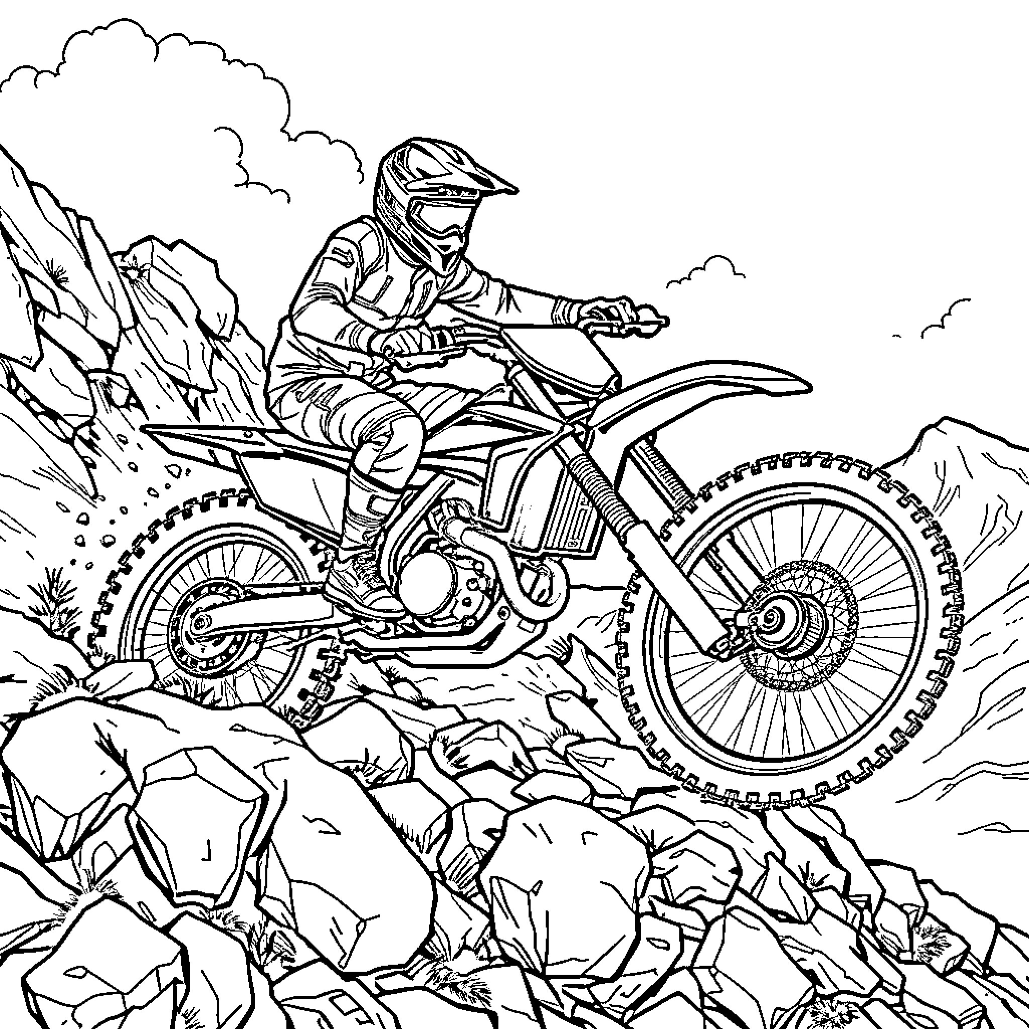 Motobike Adventure through Rocky Mountain Terrain Coloring Page (free black-and-white line drawing printable PDF for all, from beginners to advanced learners, including children, teens, adults, and seniors)