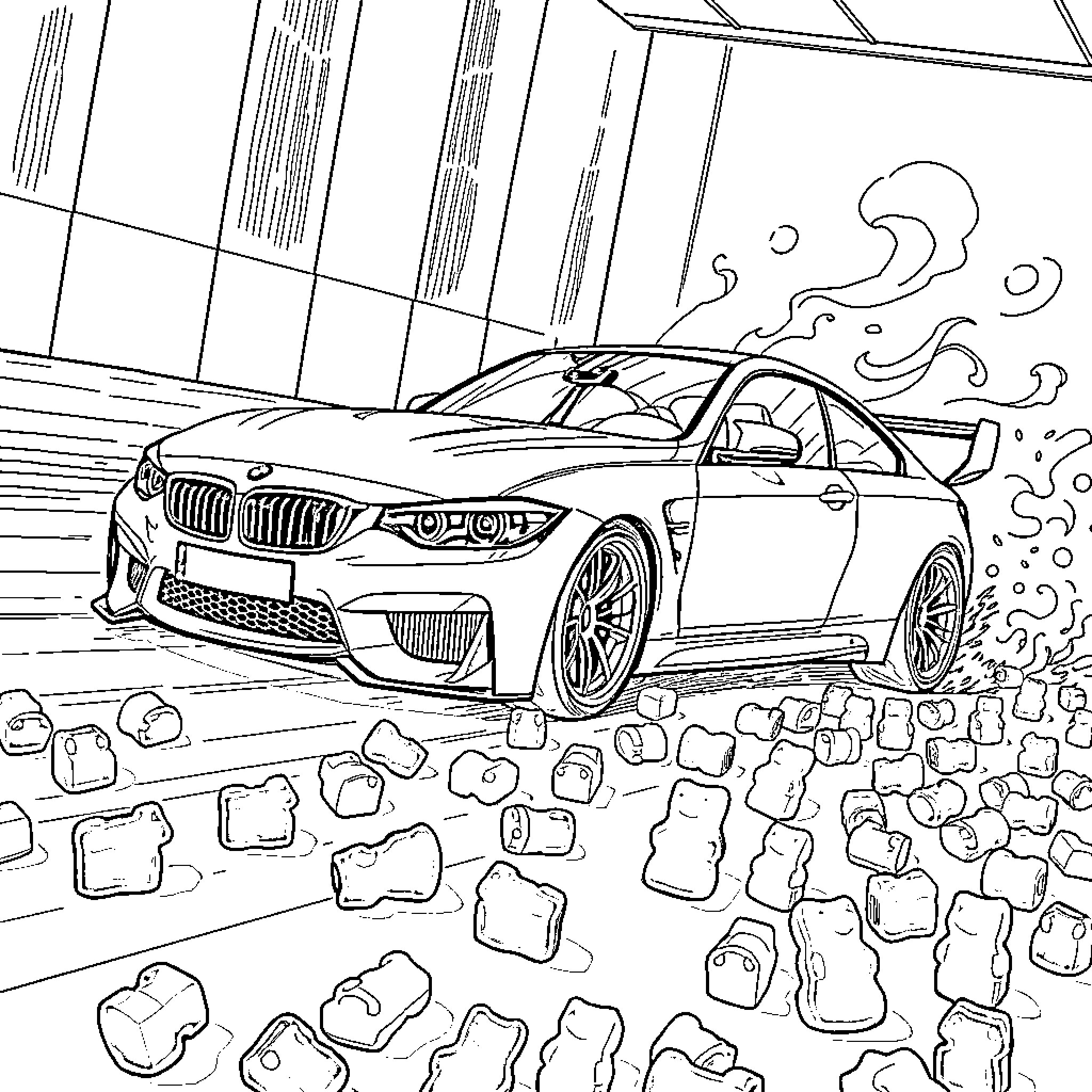 BMW sports car racing on a wet road Coloring Page (free black-and-white line drawing printable PDF for all, from beginners to advanced learners, including children, teens, adults, and seniors)