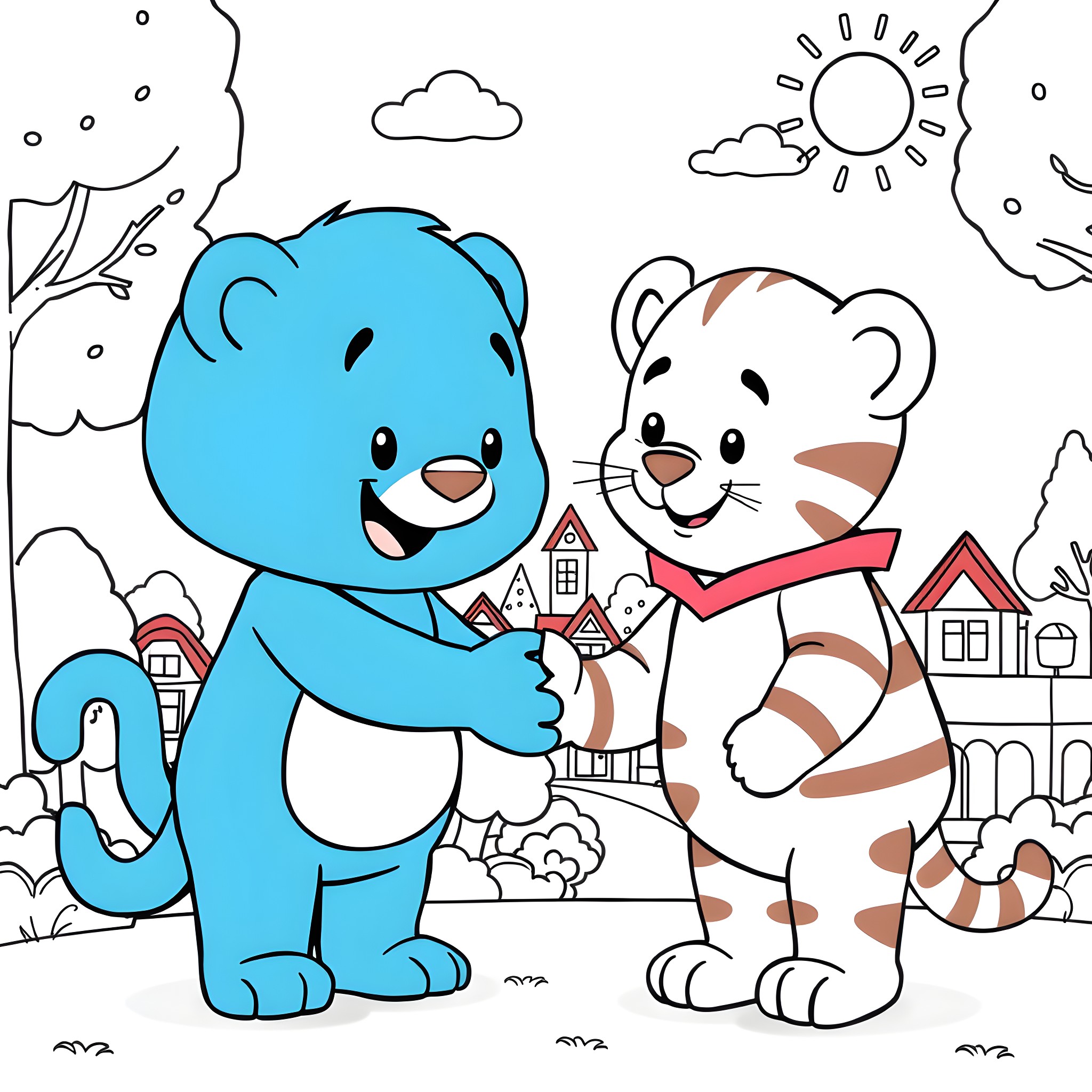 Bluey and Tiggy Playing Together in the Park Coloring Page (free black-and-white line drawing printable PDF for all, from beginners to advanced learners, including children, teens, adults, and seniors)
