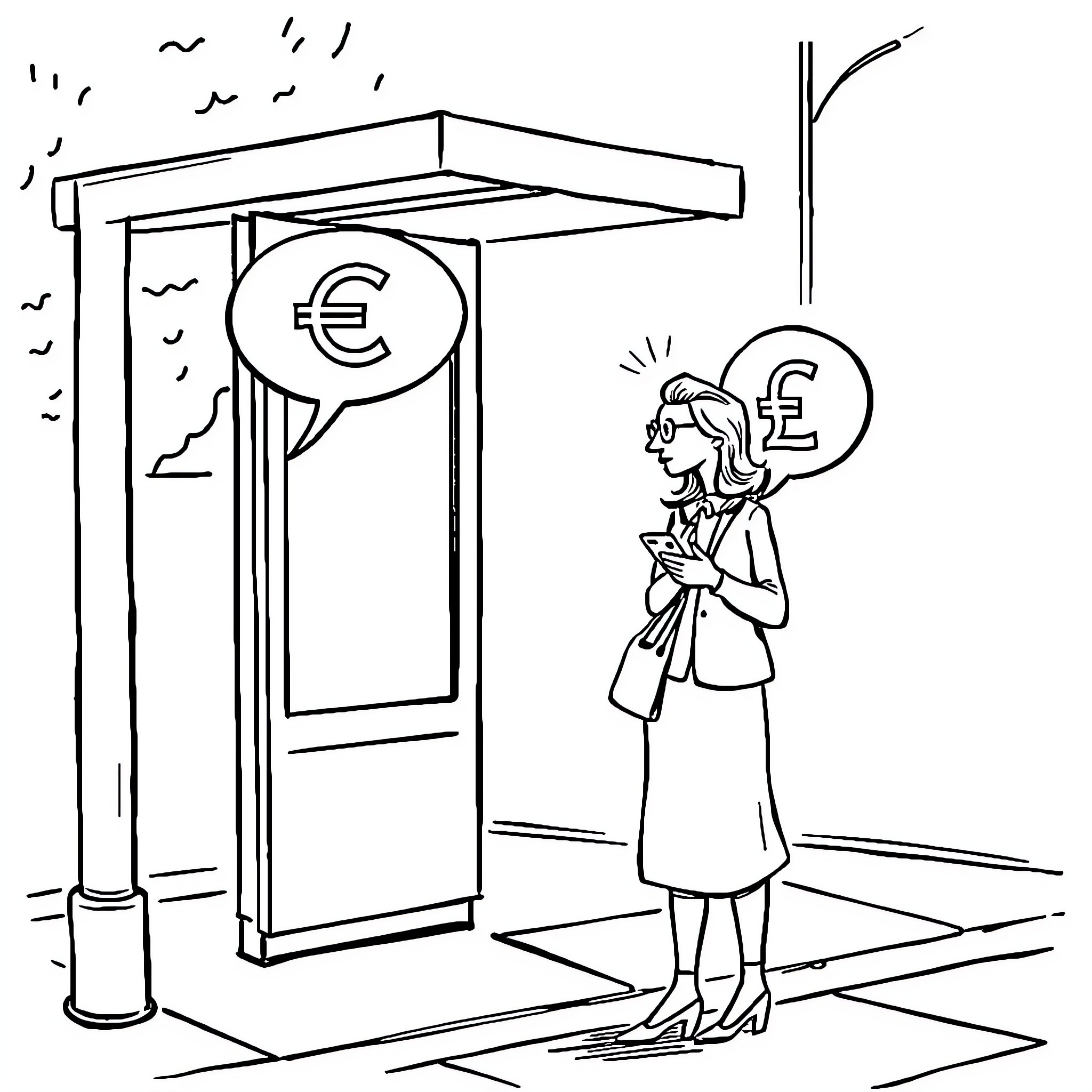 Woman examining currency exchange rates at ATM Coloring Page (free black-and-white line drawing printable PDF for all, from beginners to advanced learners, including children, teens, adults, and seniors)