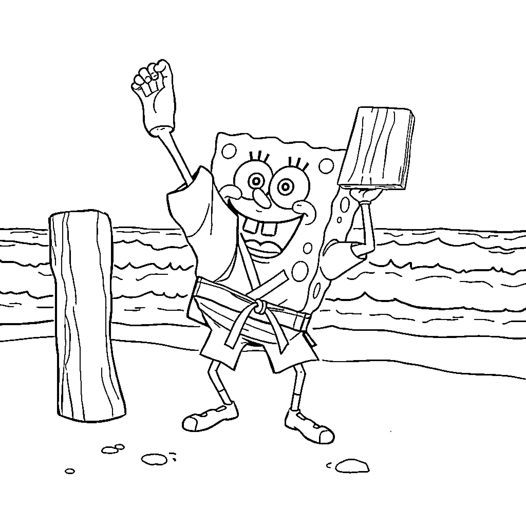 Spongebob waving happily on the beach Coloring Page (free black-and-white line drawing printable PDF for all, from beginners to advanced learners, including children, teens, adults, and seniors)