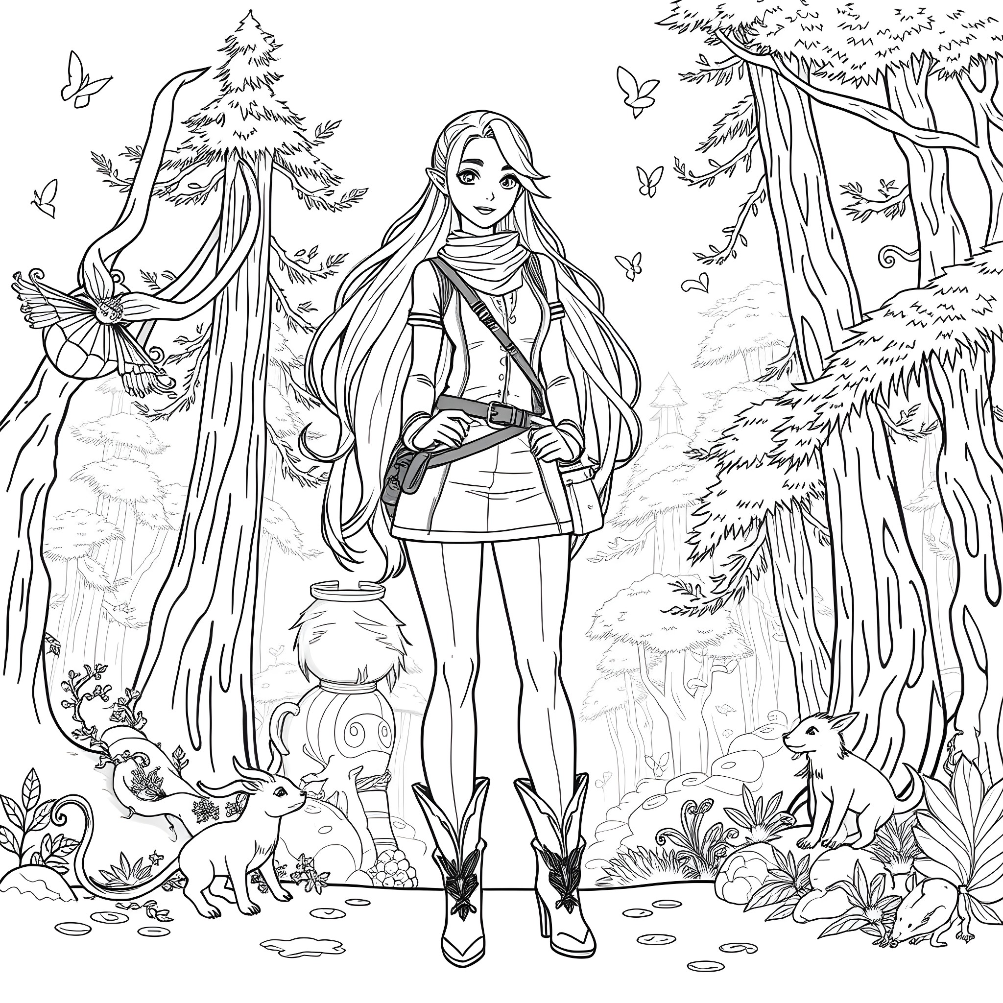 Biana's Enchanted Forest Adventure Coloring Page (free black-and-white line drawing printable PDF for all, from beginners to advanced learners, including children, teens, adults, and seniors)