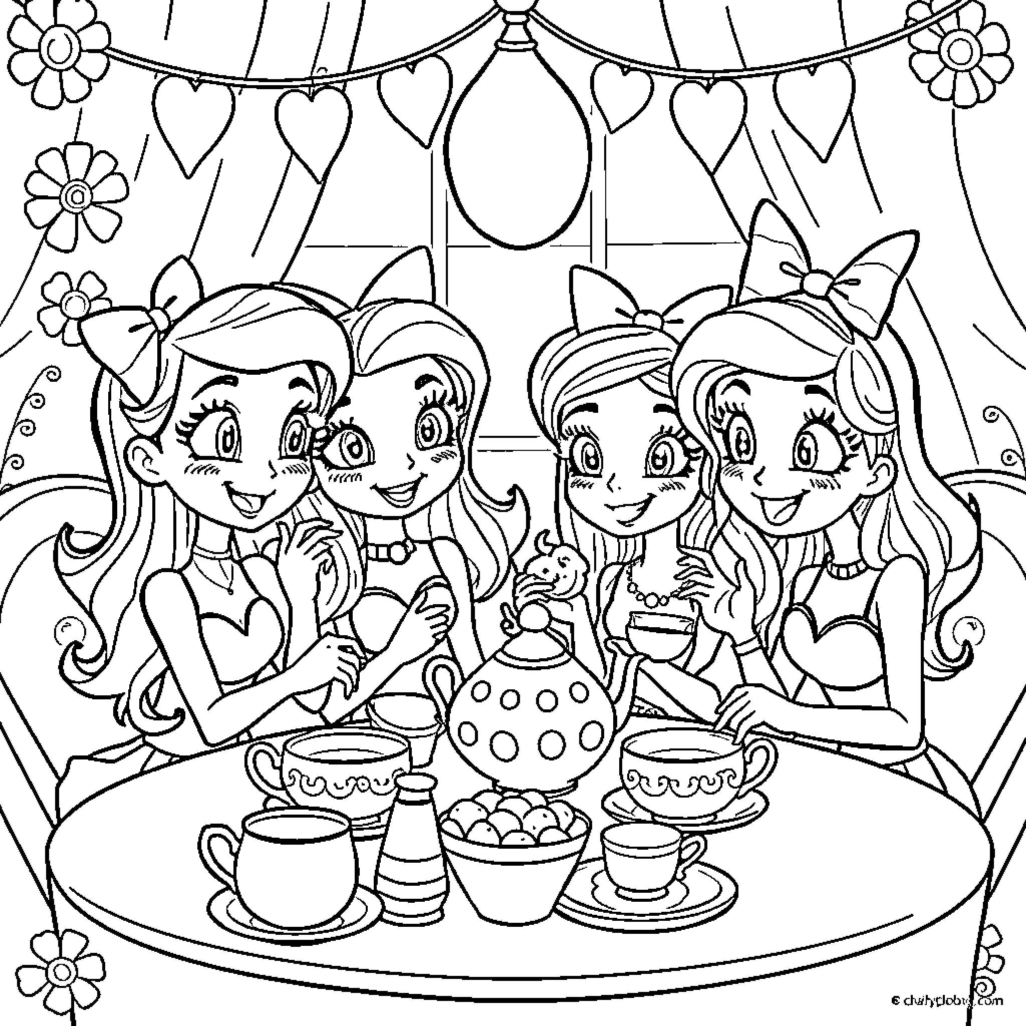 Bluey's Whimsical Tea Party Coloring Page (free black-and-white line drawing printable PDF for all, from beginners to advanced learners, including children, teens, adults, and seniors)