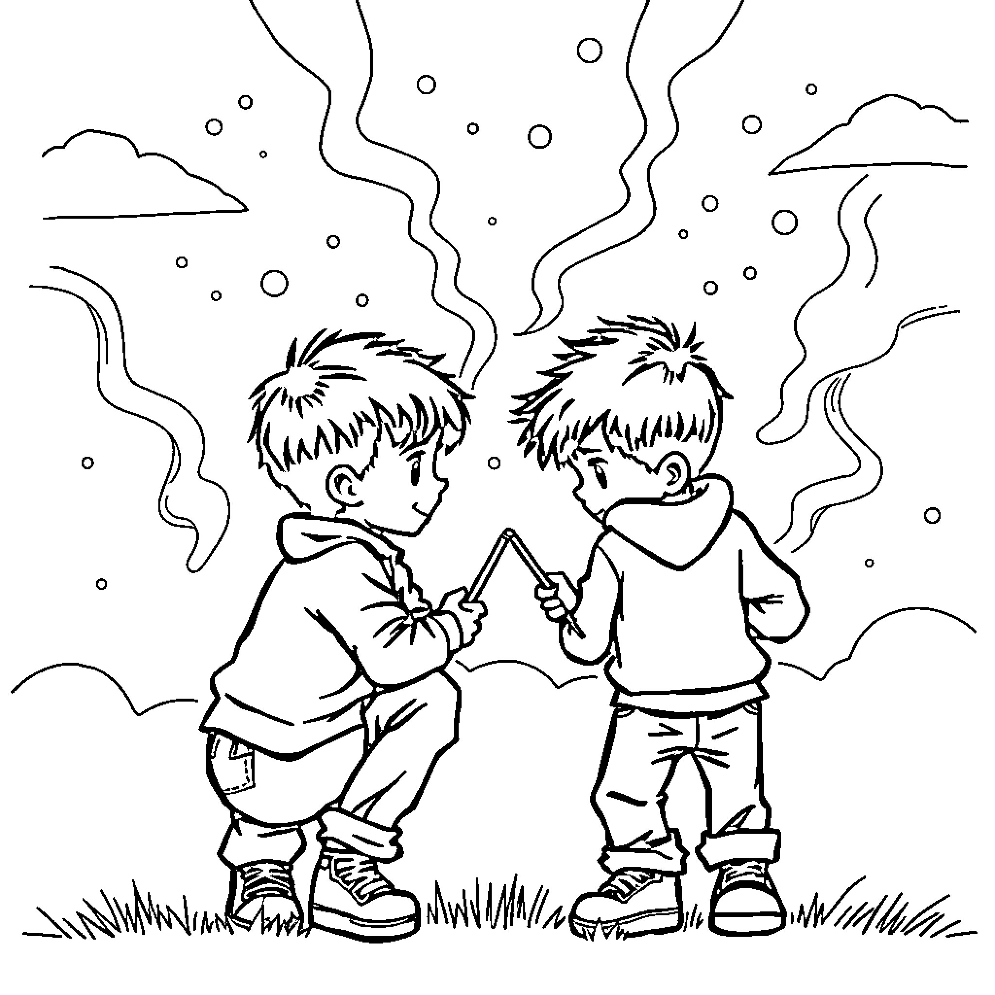 Boys blowing smoke signals in winter Coloring Page (free black-and-white line drawing printable PDF for all, from beginners to advanced learners, including children, teens, adults, and seniors)