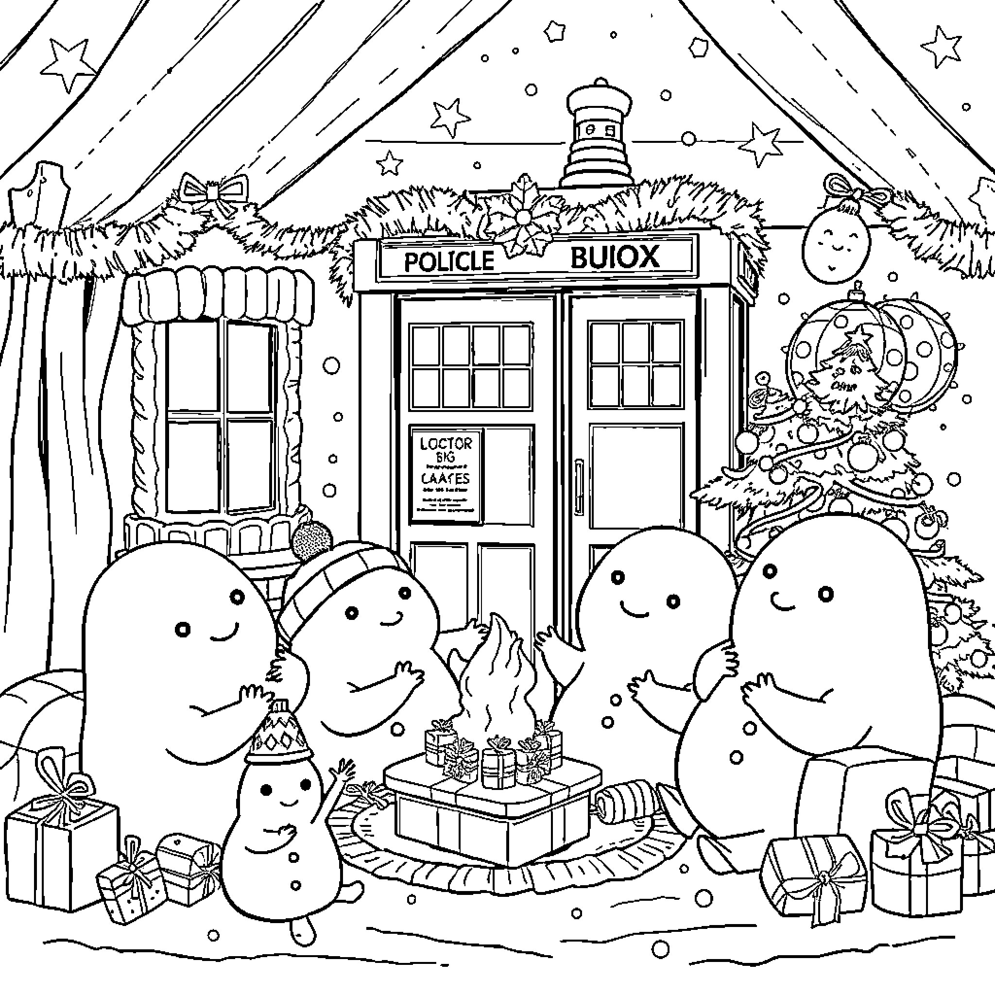Adipose characters celebrating festive season by TARDIS Coloring Page (free black-and-white line drawing printable PDF for all, from beginners to advanced learners, including children, teens, adults, and seniors)