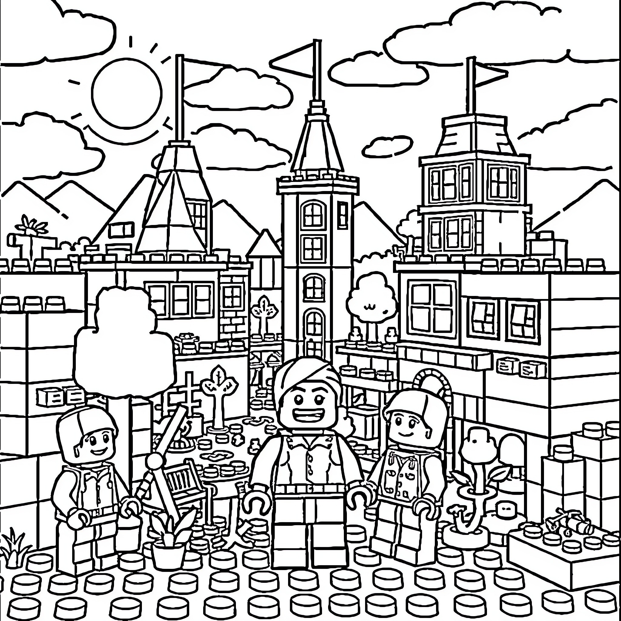 Minecraft Characters in a Vibrant City Landscape Coloring Page (free black-and-white line drawing printable PDF for all, from beginners to advanced learners, including children, teens, adults, and seniors)
