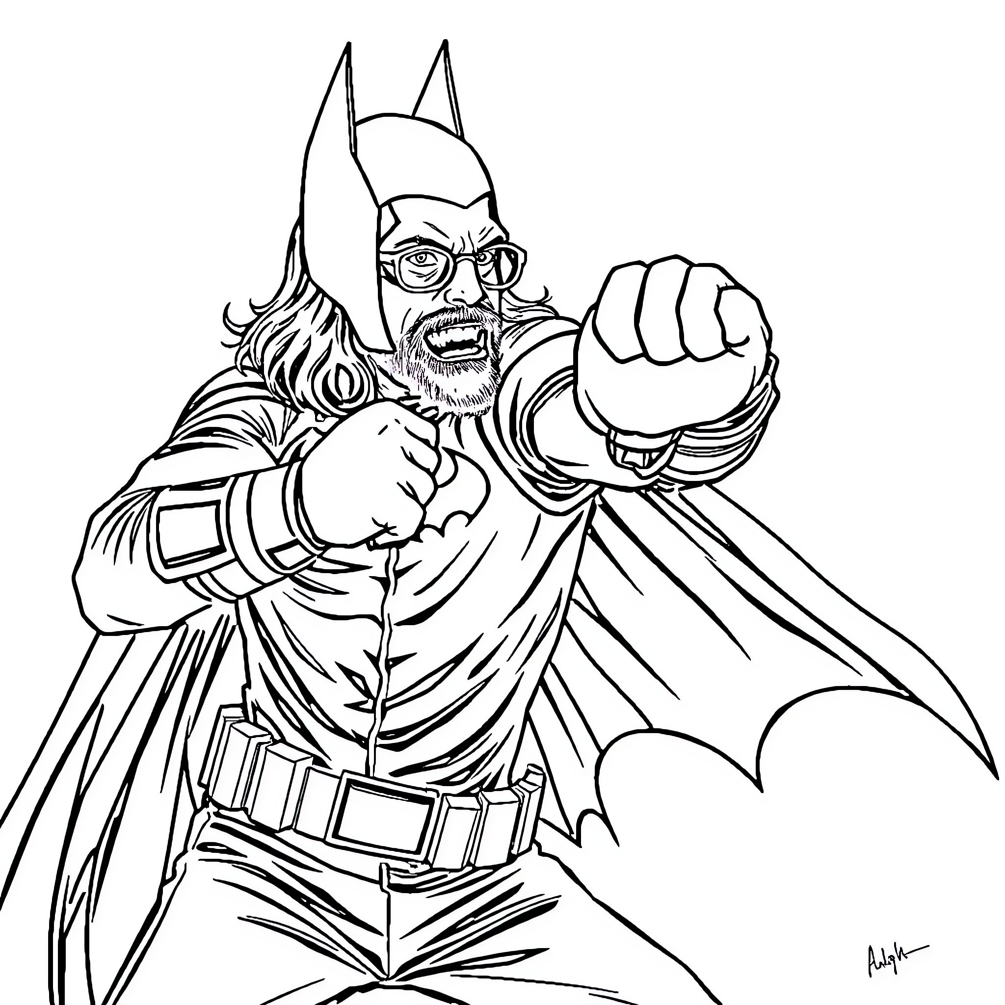 Dave Grohl as a Fierce Superhero in Action Coloring Page (free black-and-white line drawing printable PDF for all, from beginners to advanced learners, including children, teens, adults, and seniors)