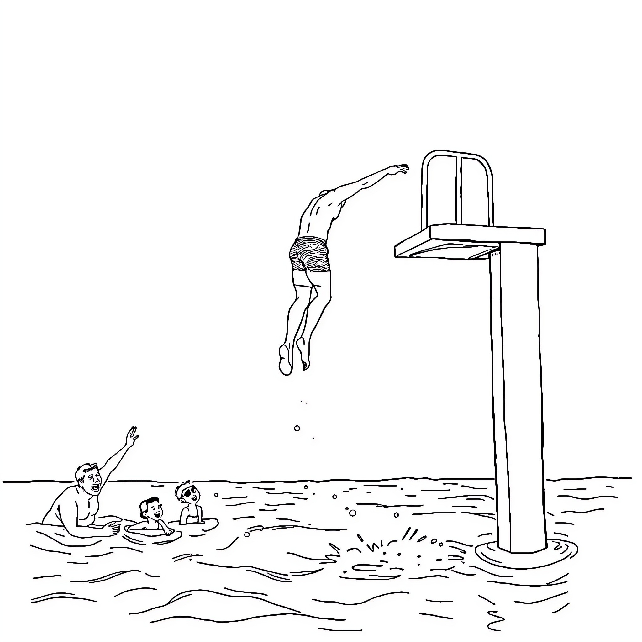 Man diving into pool with others swimming Coloring Page (free black-and-white line drawing printable PDF for all, from beginners to advanced learners, including children, teens, adults, and seniors)