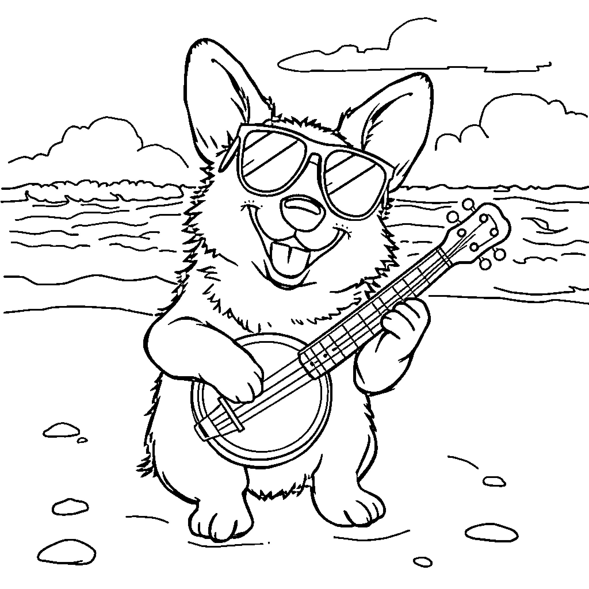 Corgi playing ukulele on the beach Coloring Page (free black-and-white line drawing printable PDF for all, from beginners to advanced learners, including children, teens, adults, and seniors)