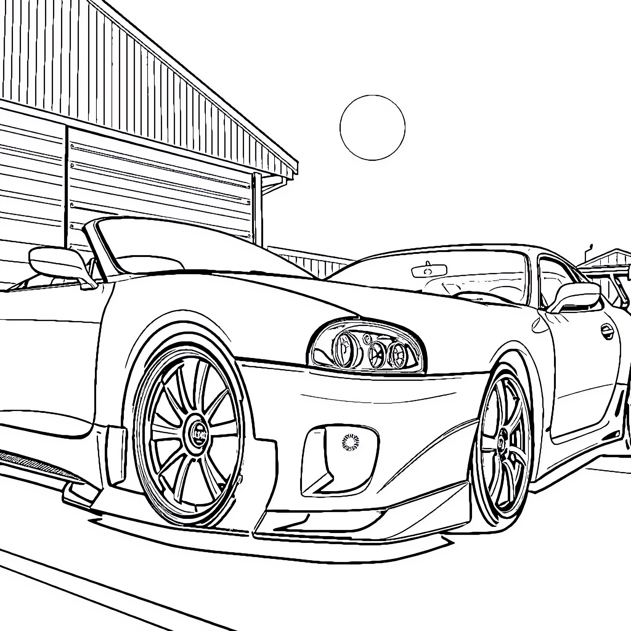 Car parked in front of building Coloring Page (free black-and-white line drawing printable PDF for all, from beginners to advanced learners, including children, teens, adults, and seniors)