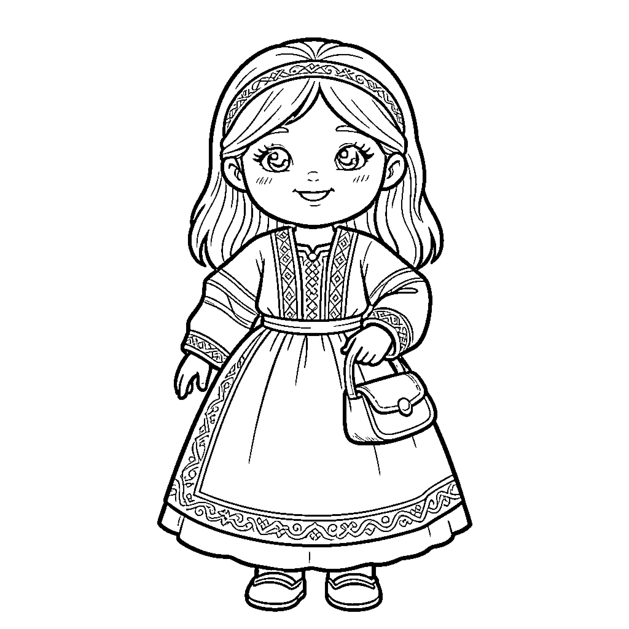 Fulla wearing traditional folk dress holding a small bag Coloring Page (free black-and-white line drawing printable PDF for all, from beginners to advanced learners, including children, teens, adults, and seniors)