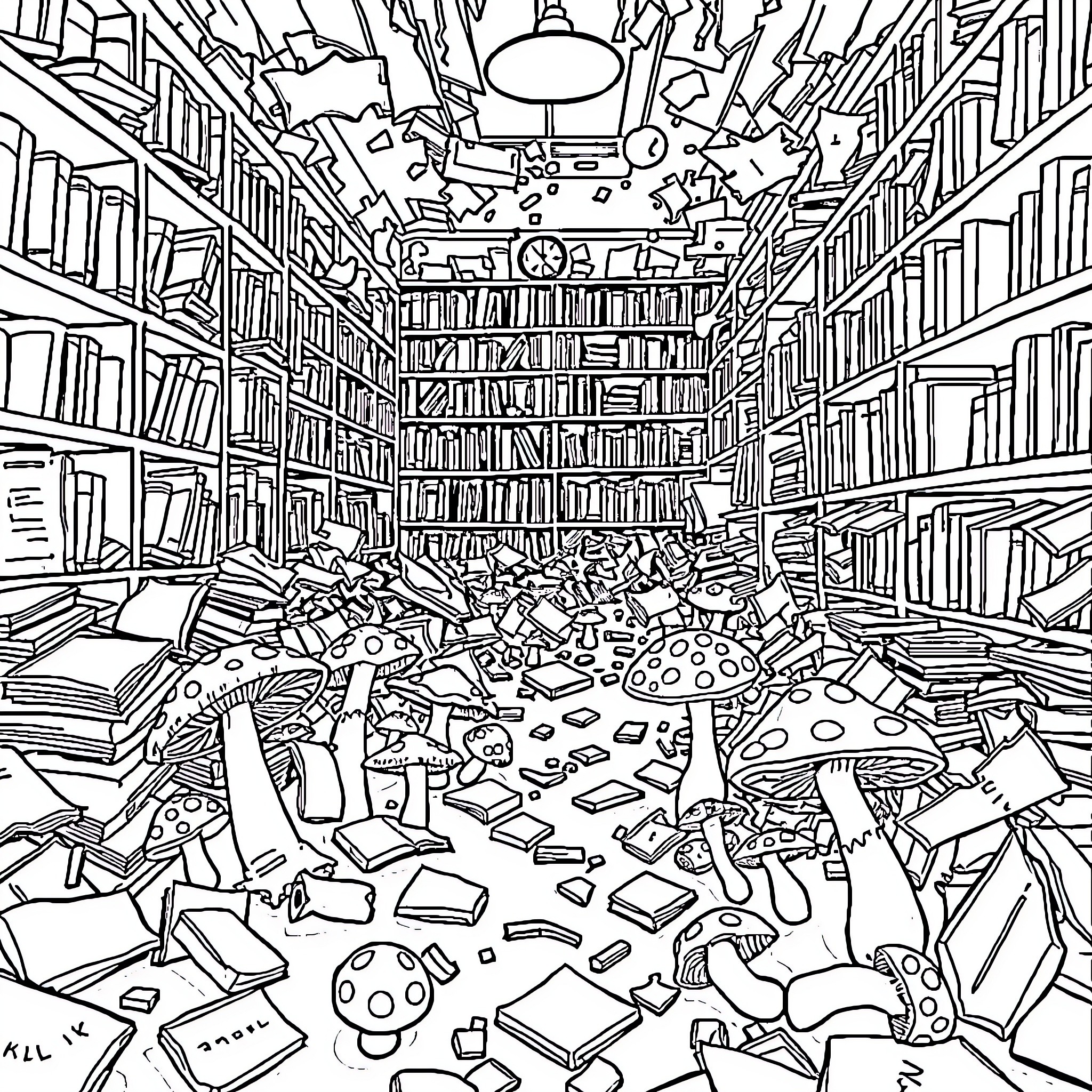 Mushroom Library of Chaos and Imagination Coloring Page (free black-and-white line drawing printable PDF for all, from beginners to advanced learners, including children, teens, adults, and seniors)