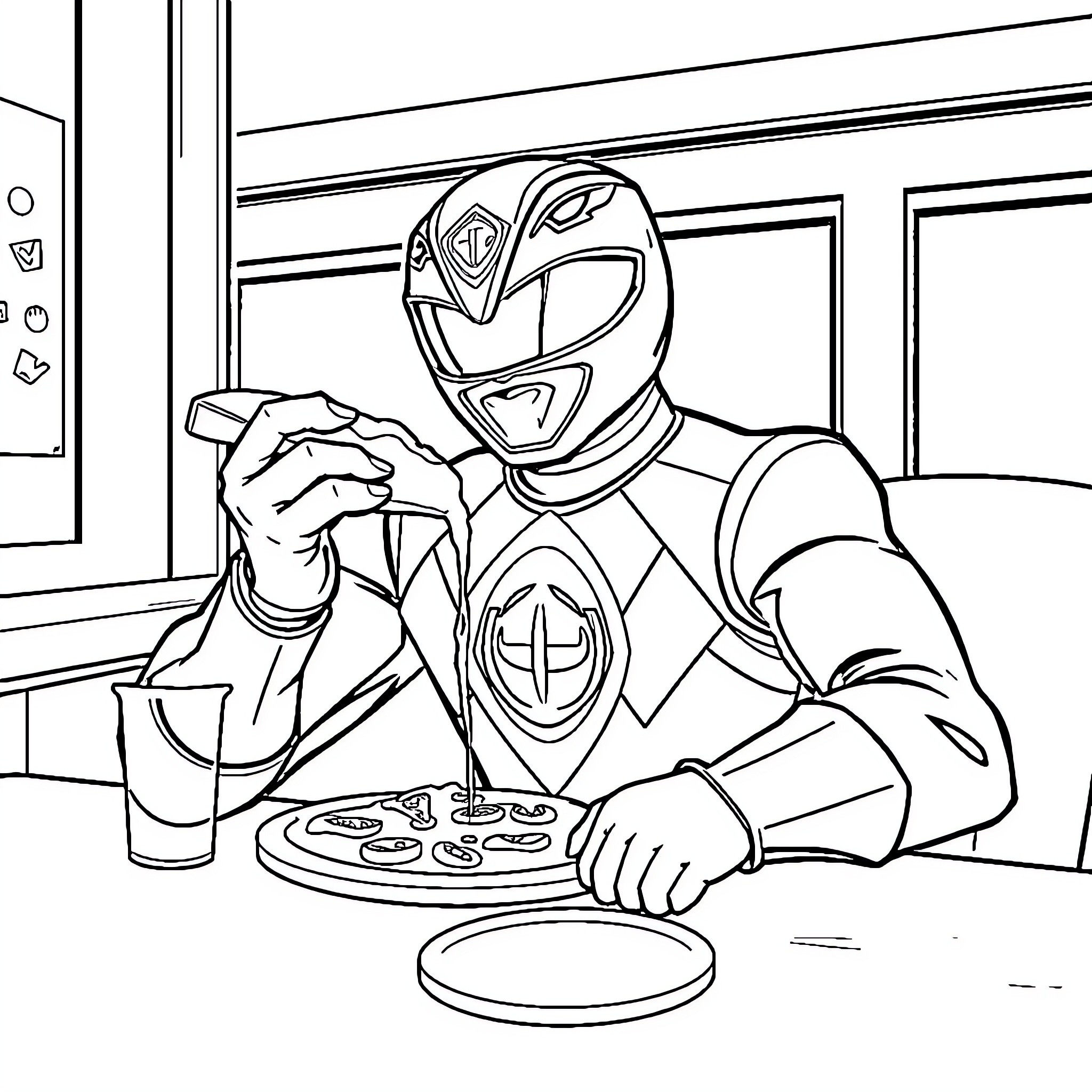 Power Ranger enjoying pizza at a diner Coloring Page (free black-and-white line drawing printable PDF for all, from beginners to advanced learners, including children, teens, adults, and seniors)