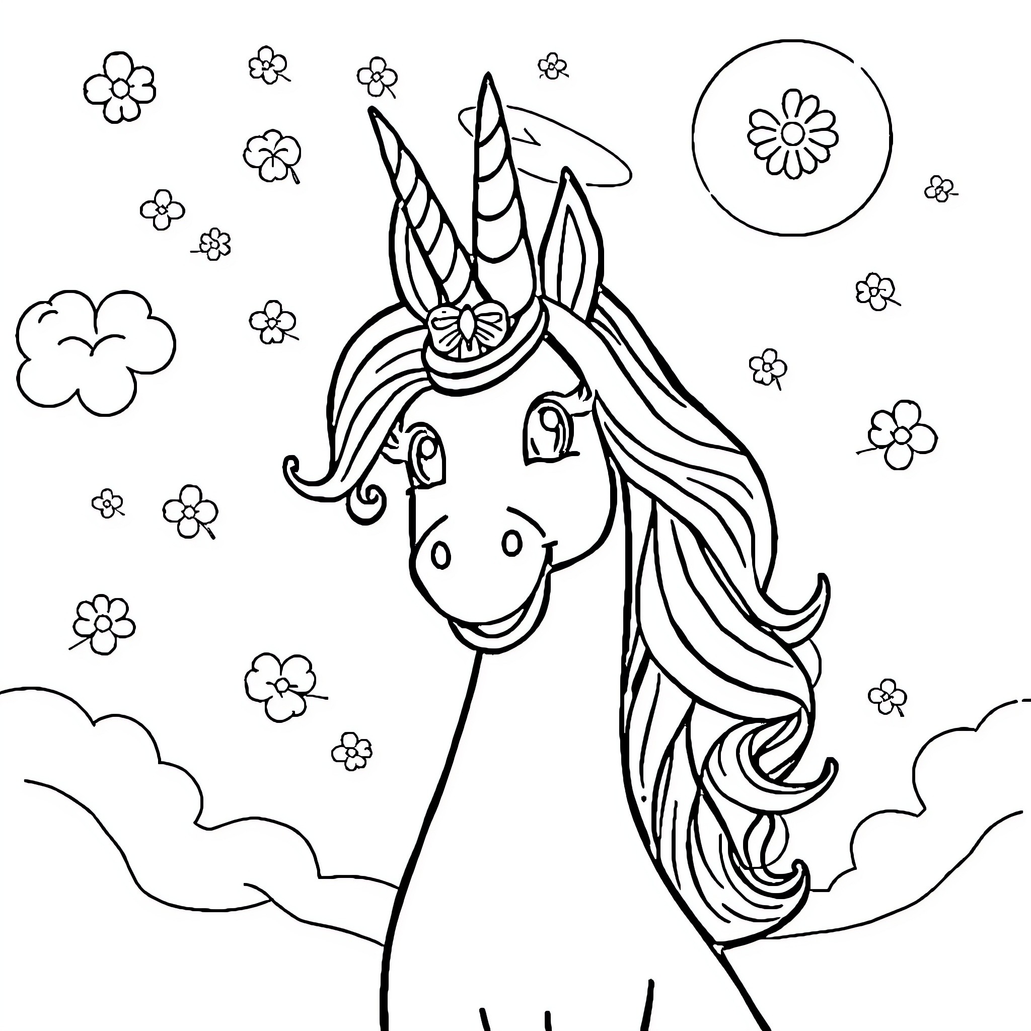 Unicorn with flowers and clouds Coloring Page (free black-and-white line drawing printable PDF for all, from beginners to advanced learners, including children, teens, adults, and seniors)