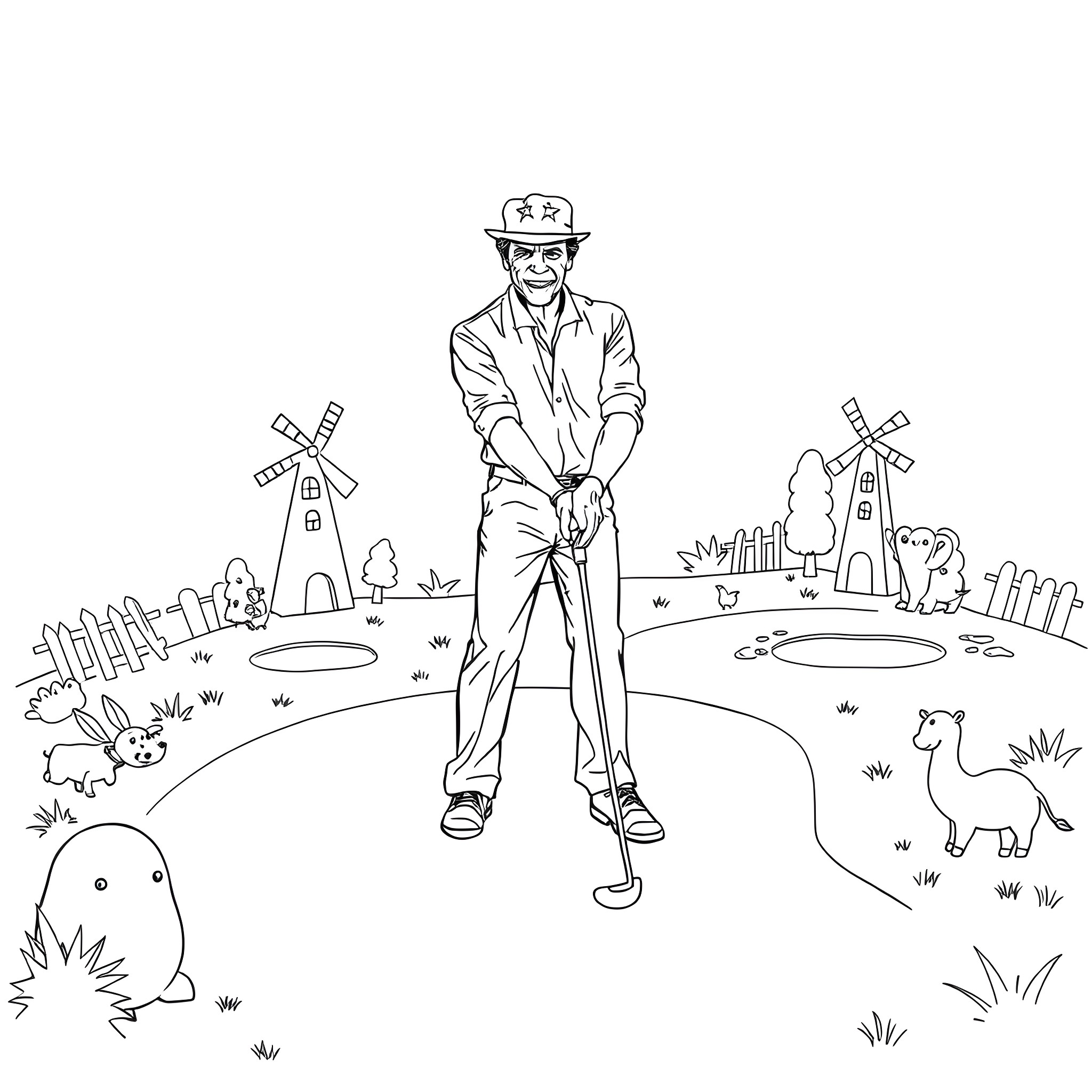 Clint Eastwood's Cowboy Adventure in the Countryside Coloring Page (free black-and-white line drawing printable PDF for all, from beginners to advanced learners, including children, teens, adults, and seniors)