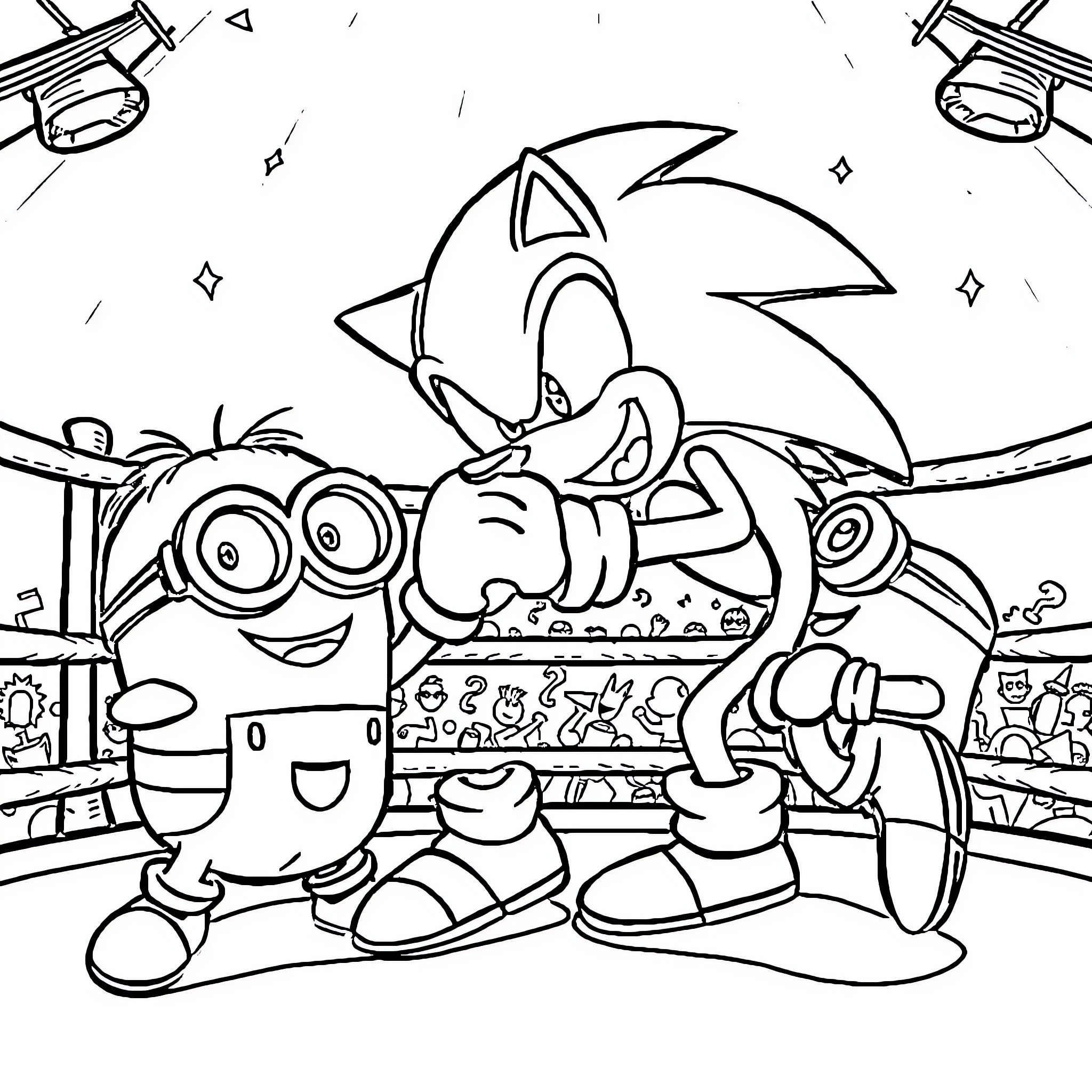 Sonic and friends in a playful scene Coloring Page (free black-and-white line drawing printable PDF for all, from beginners to advanced learners, including children, teens, adults, and seniors)