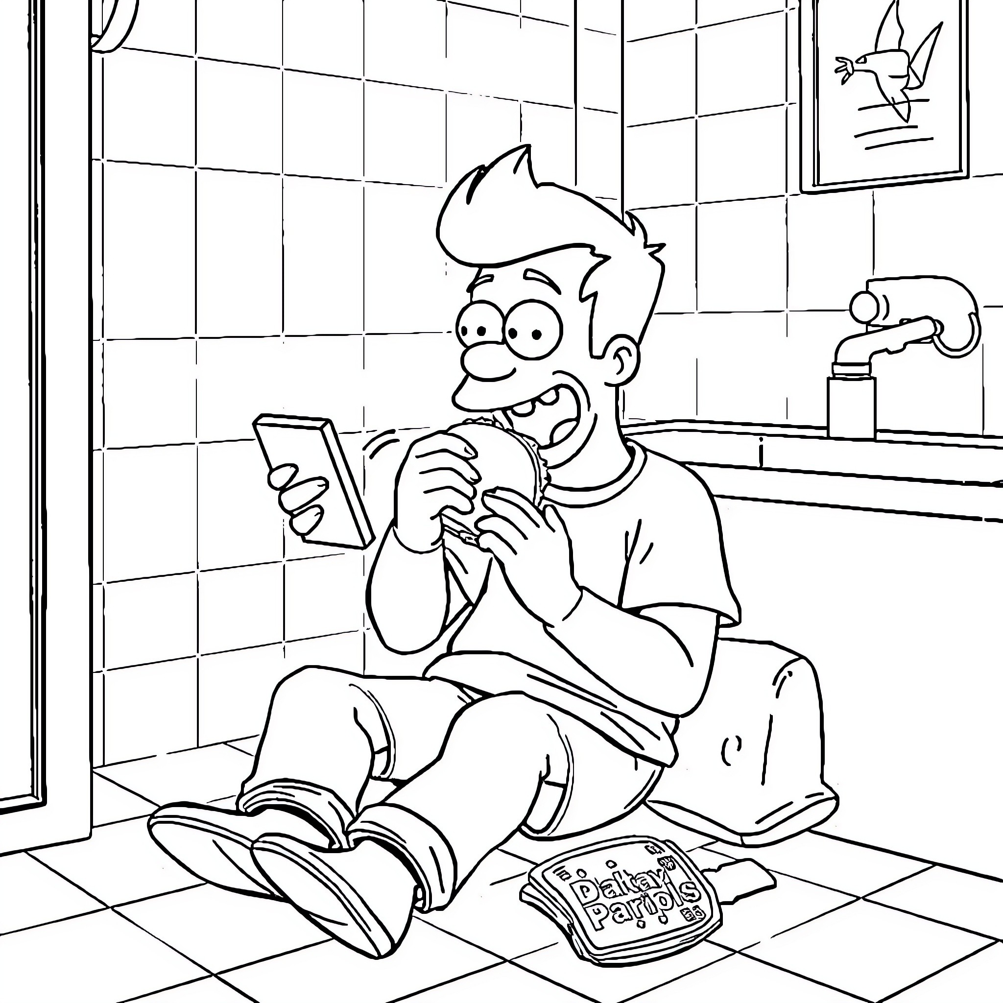 Michael Scott Goofing Around with Mobile Device Coloring Page (free black-and-white line drawing printable PDF for all, from beginners to advanced learners, including children, teens, adults, and seniors)