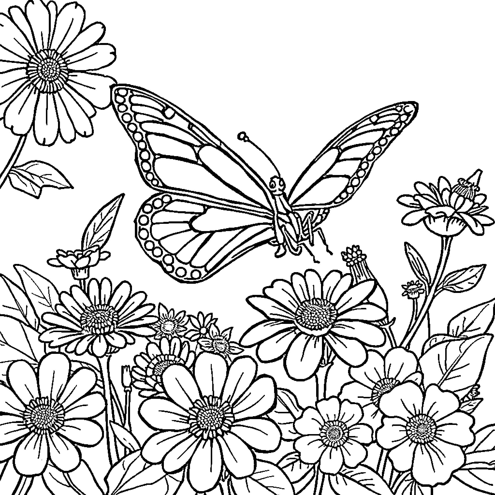 Butterfly dancing among vibrant flowers Coloring Page (free black-and-white line drawing printable PDF for all, from beginners to advanced learners, including children, teens, adults, and seniors)