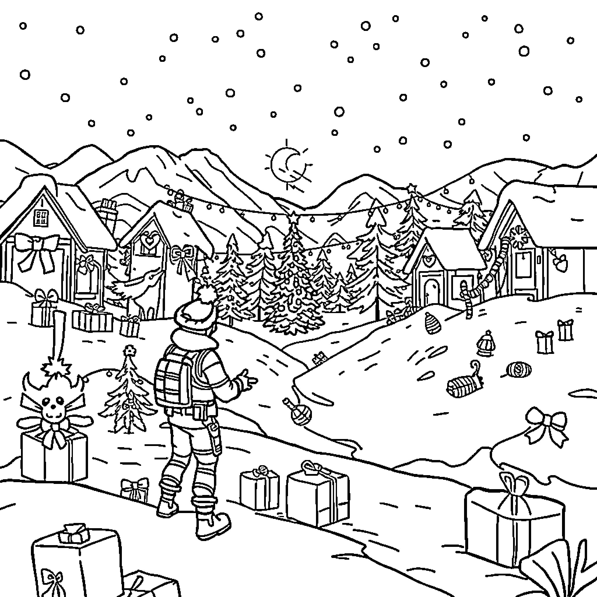 Fortnite winter holiday scene with characters and gifts Coloring Page (free black-and-white line drawing printable PDF for all, from beginners to advanced learners, including children, teens, adults, and seniors)