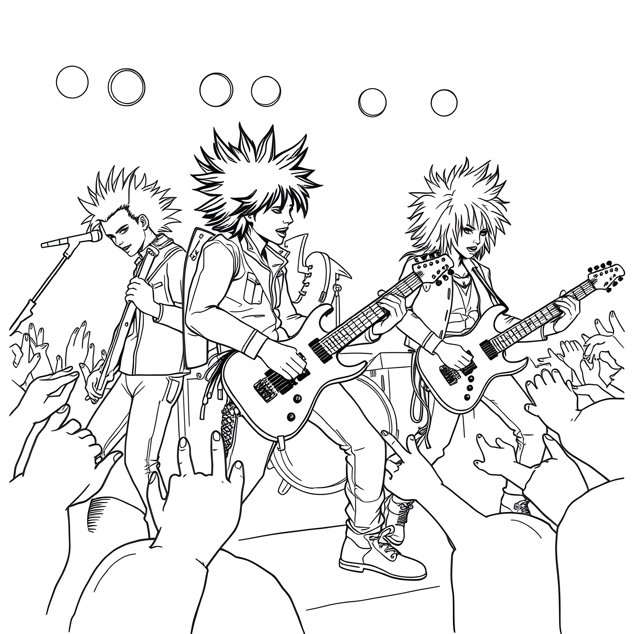 Punk Rock Band Performing on Stage Coloring Page (free black-and-white line drawing printable PDF for all, from beginners to advanced learners, including children, teens, adults, and seniors)
