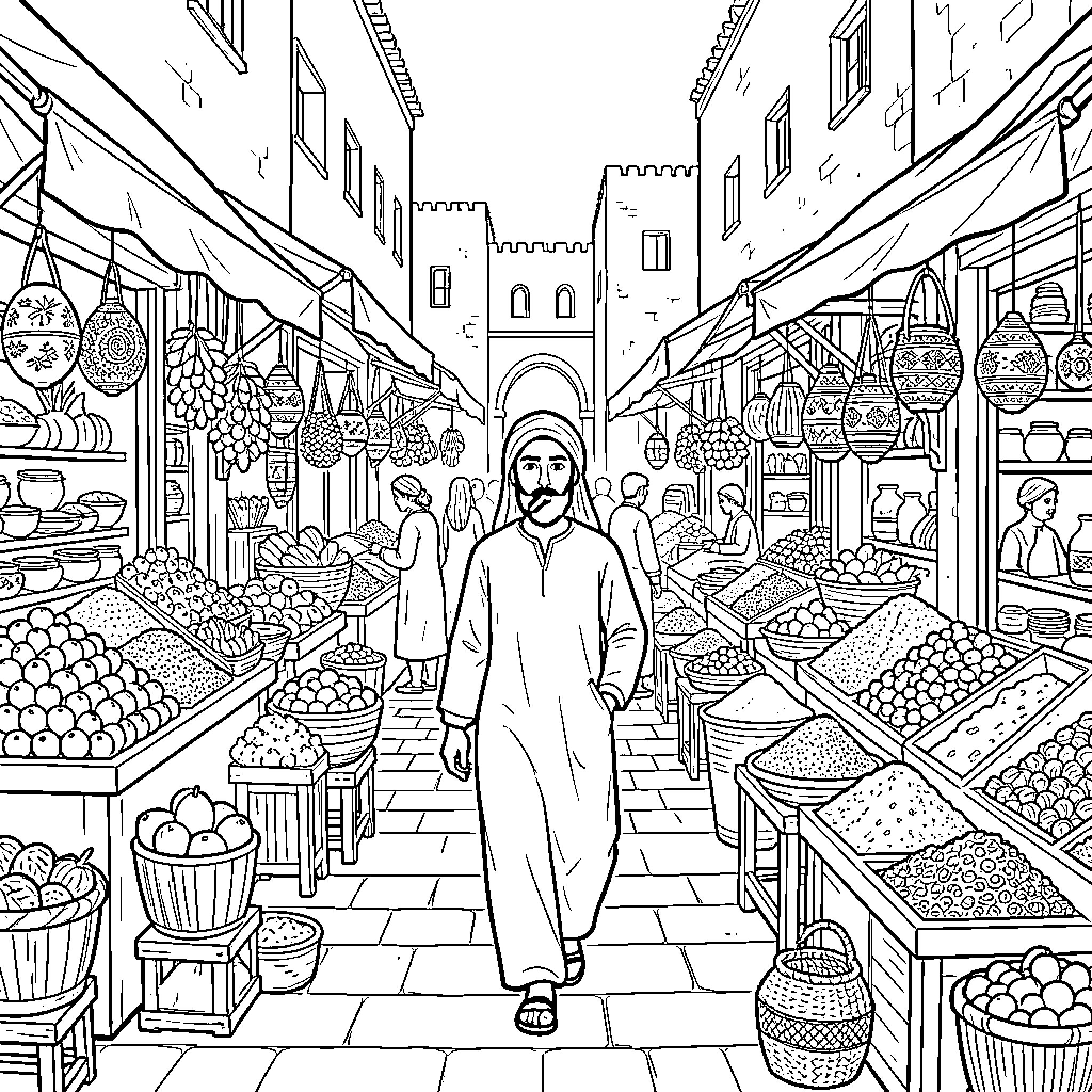 Biche walking through a crowded bustling marketplace Coloring Page (free black-and-white line drawing printable PDF for all, from beginners to advanced learners, including children, teens, adults, and seniors)