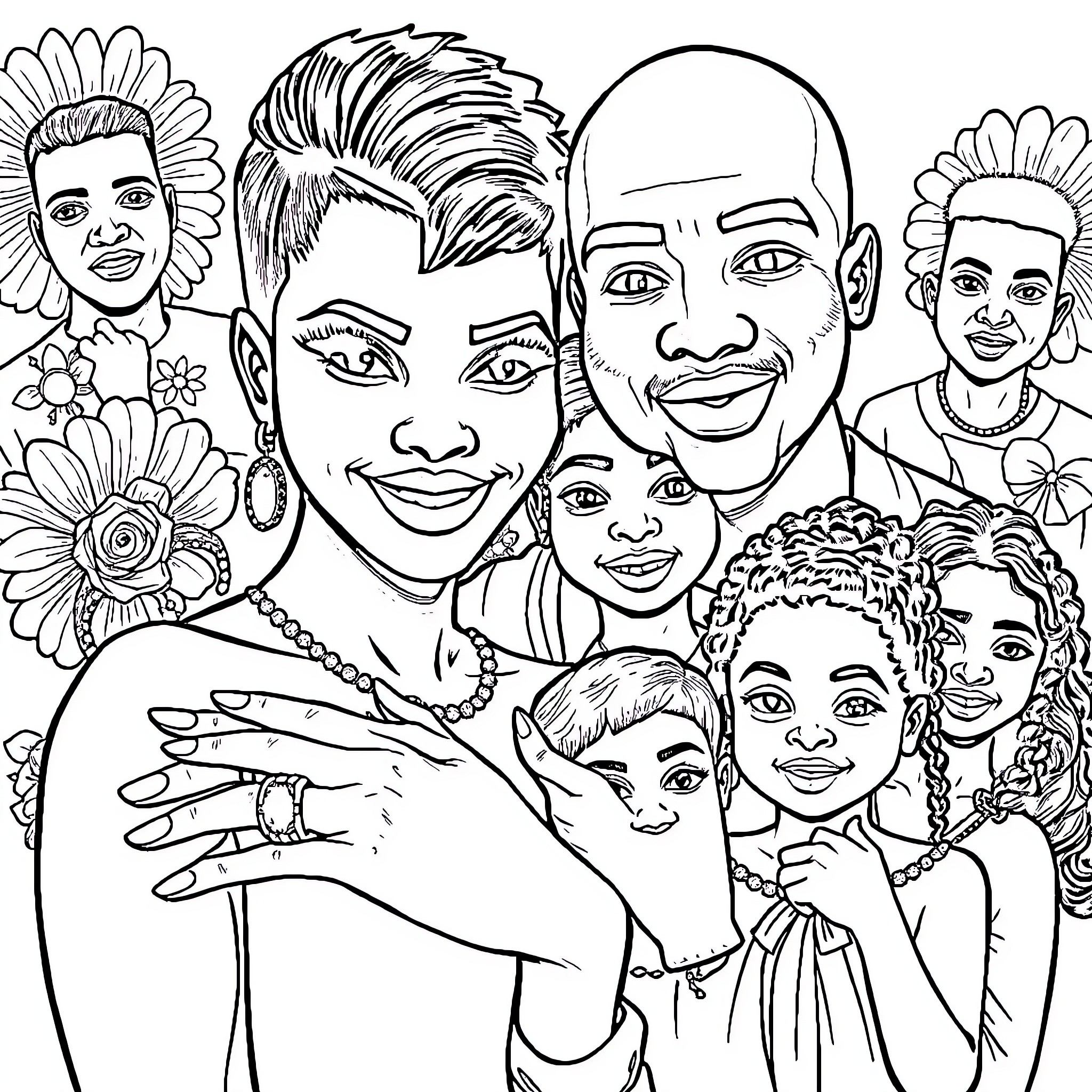 Family Portrait with Floral Accents Coloring Page (free black-and-white line drawing printable PDF for all, from beginners to advanced learners, including children, teens, adults, and seniors)