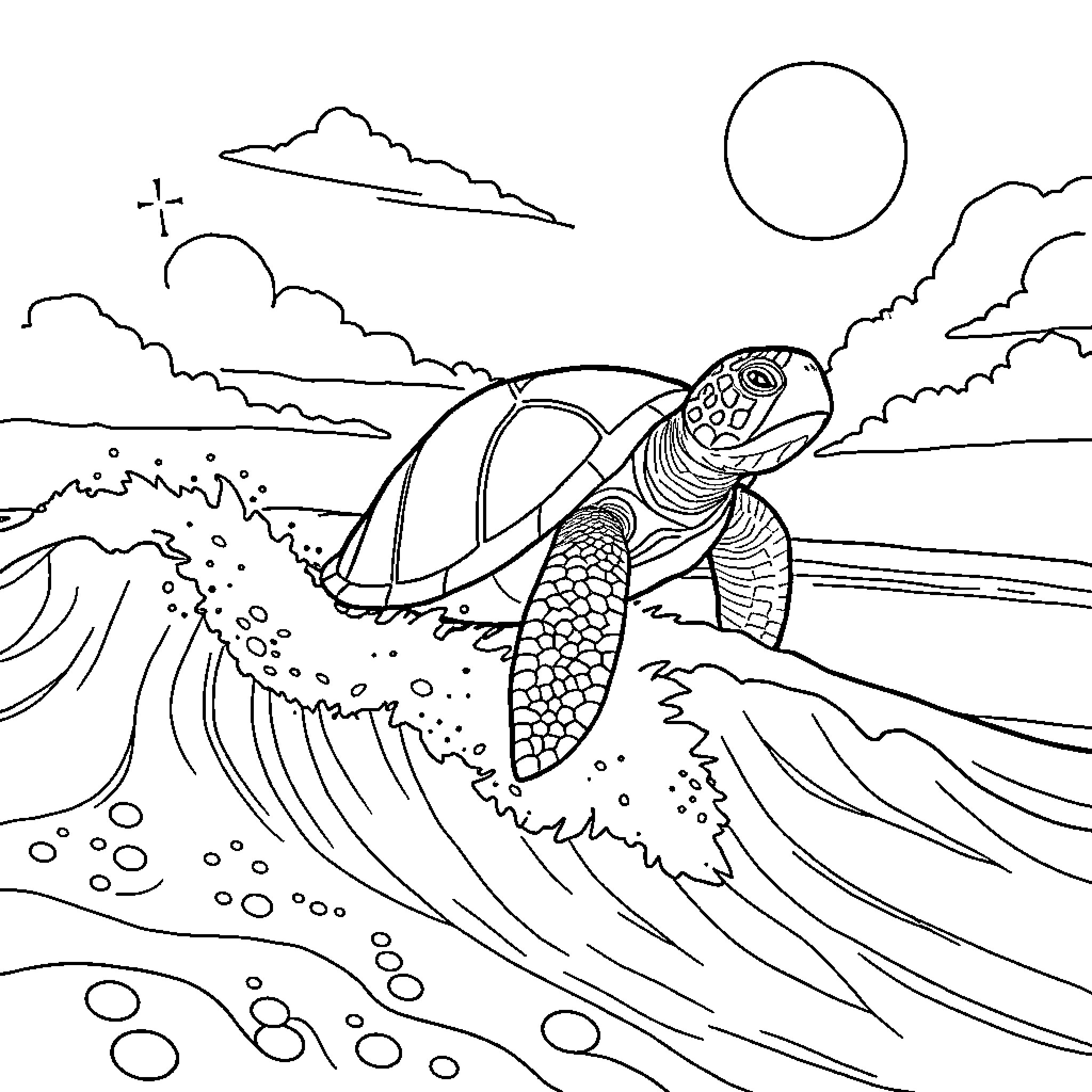 Turtle swimming in the ocean waves Coloring Page (free black-and-white line drawing printable PDF for all, from beginners to advanced learners, including children, teens, adults, and seniors)