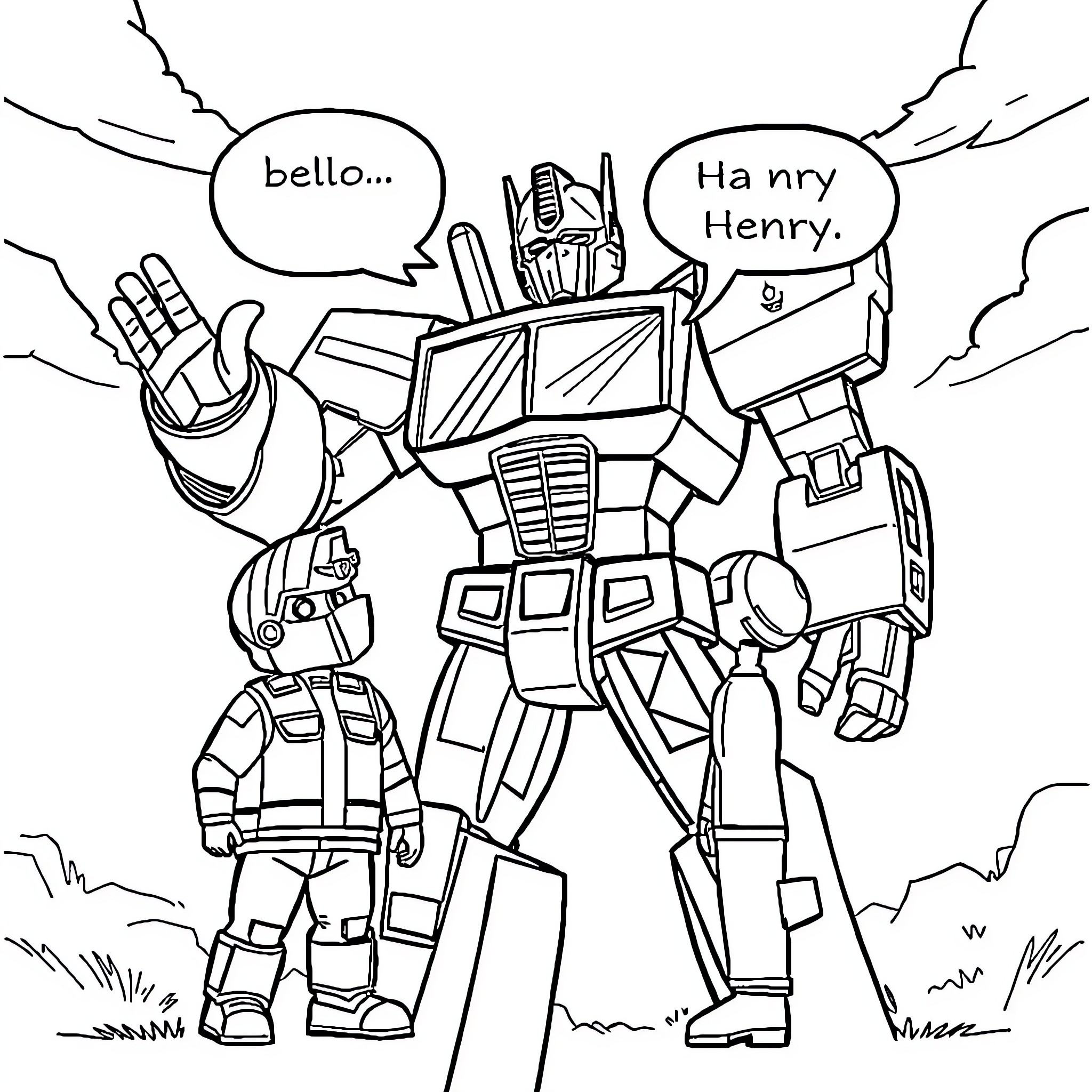 Optimus Prime greets Henry in robot form Coloring Page (free black-and-white line drawing printable PDF for all, from beginners to advanced learners, including children, teens, adults, and seniors)