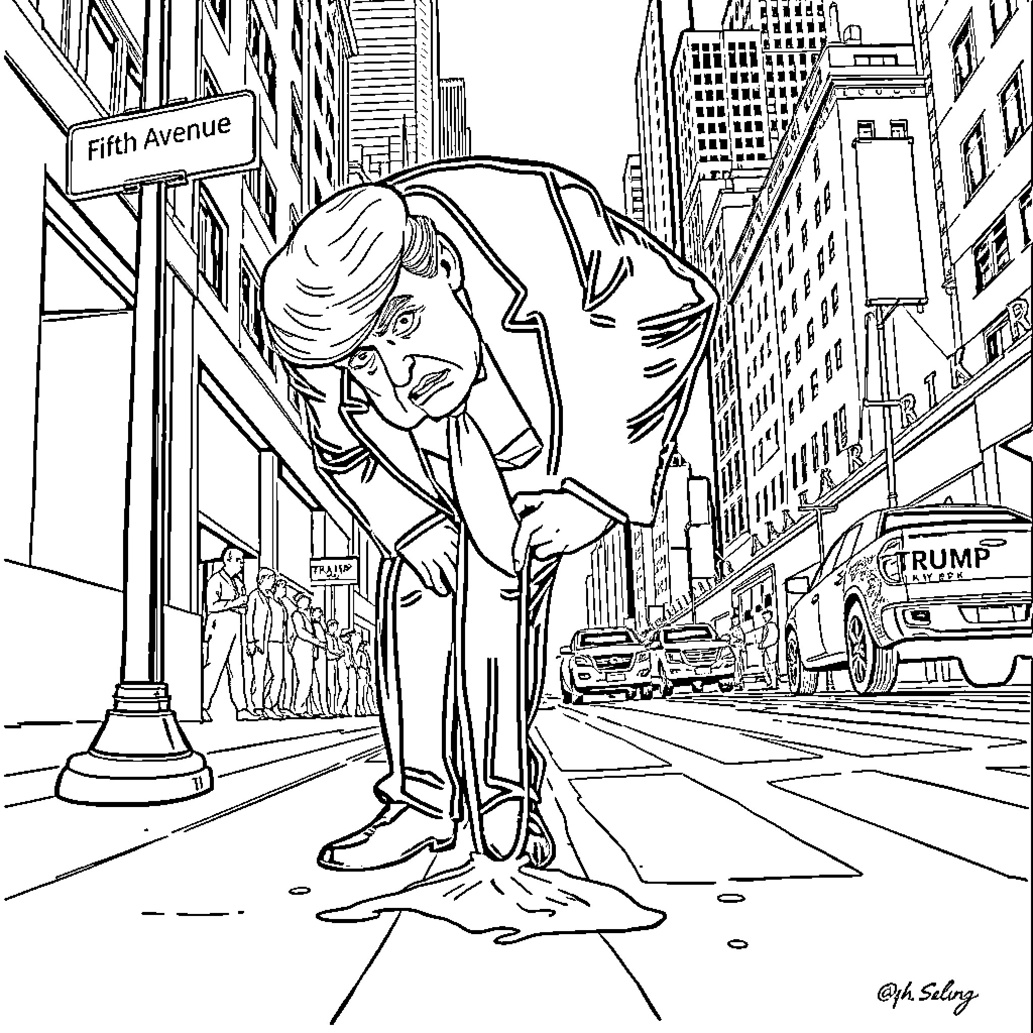 Trump Mocked in Satirical Street Scene Coloring Page (free black-and-white line drawing printable PDF for all, from beginners to advanced learners, including children, teens, adults, and seniors)