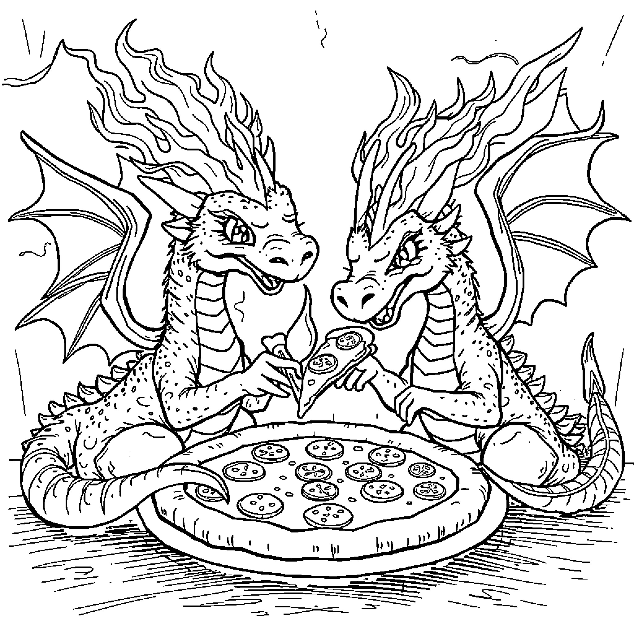 Dragon-themed Fantasy Creatures Sharing a Pizza Coloring Page (free black-and-white line drawing printable PDF for all, from beginners to advanced learners, including children, teens, adults, and seniors)