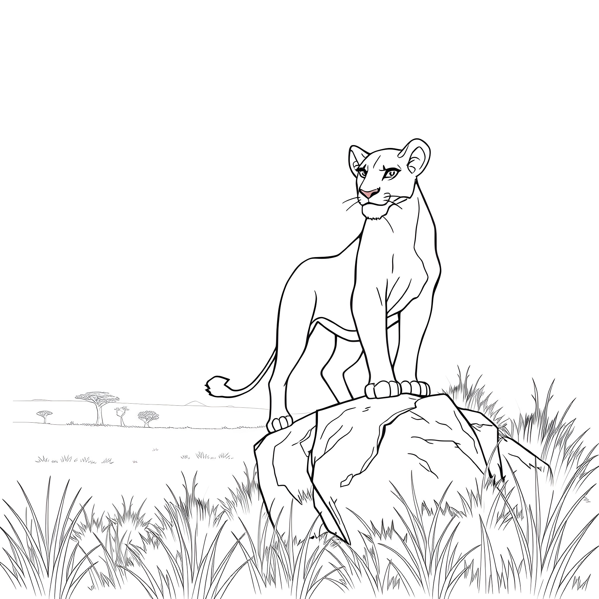 Nala the Lioness on the Savanna Coloring Page (free black-and-white line drawing printable PDF for all, from beginners to advanced learners, including children, teens, adults, and seniors)